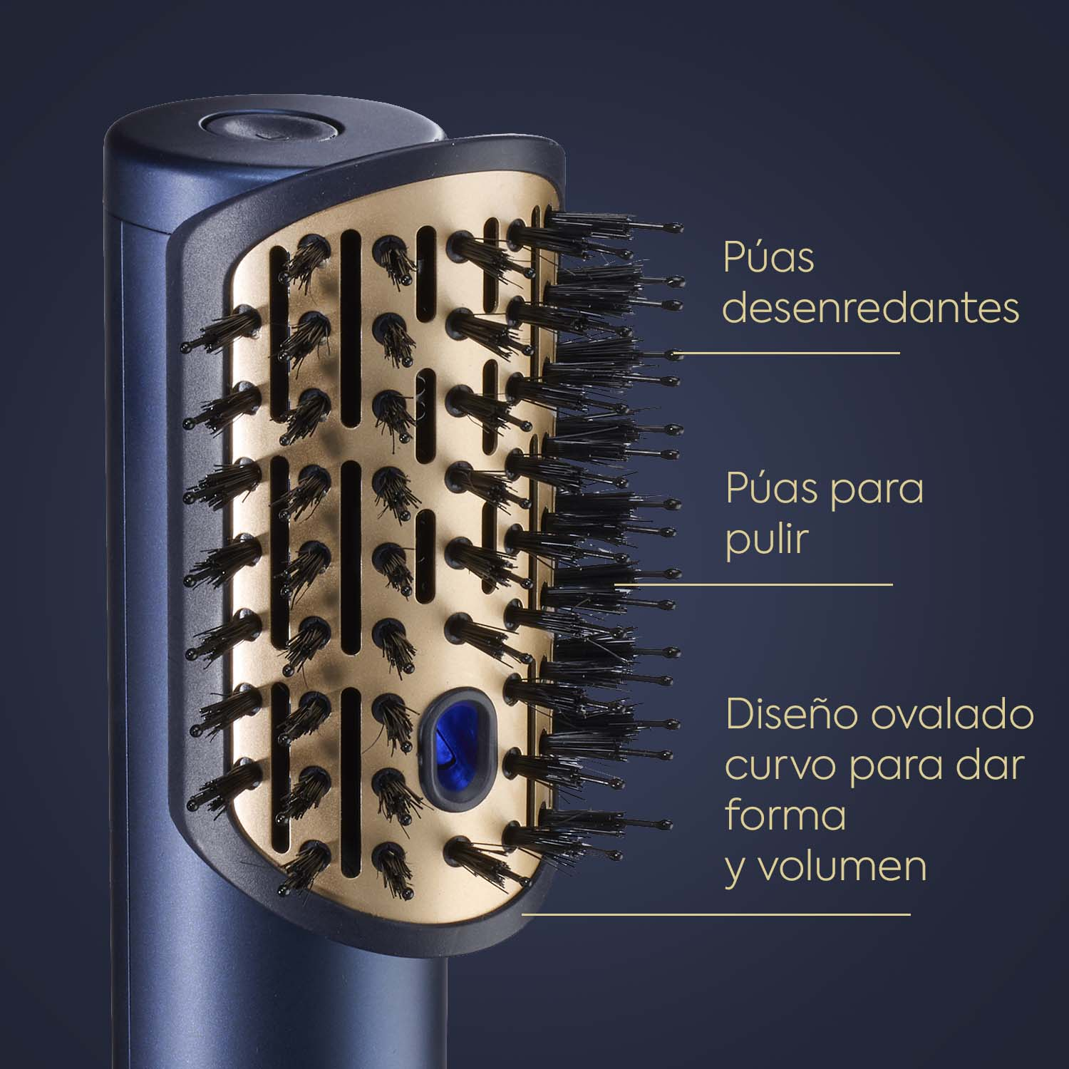 Primer plano de un moldeador de cabello con etiquetas de texto detalladas que describen sus funciones.