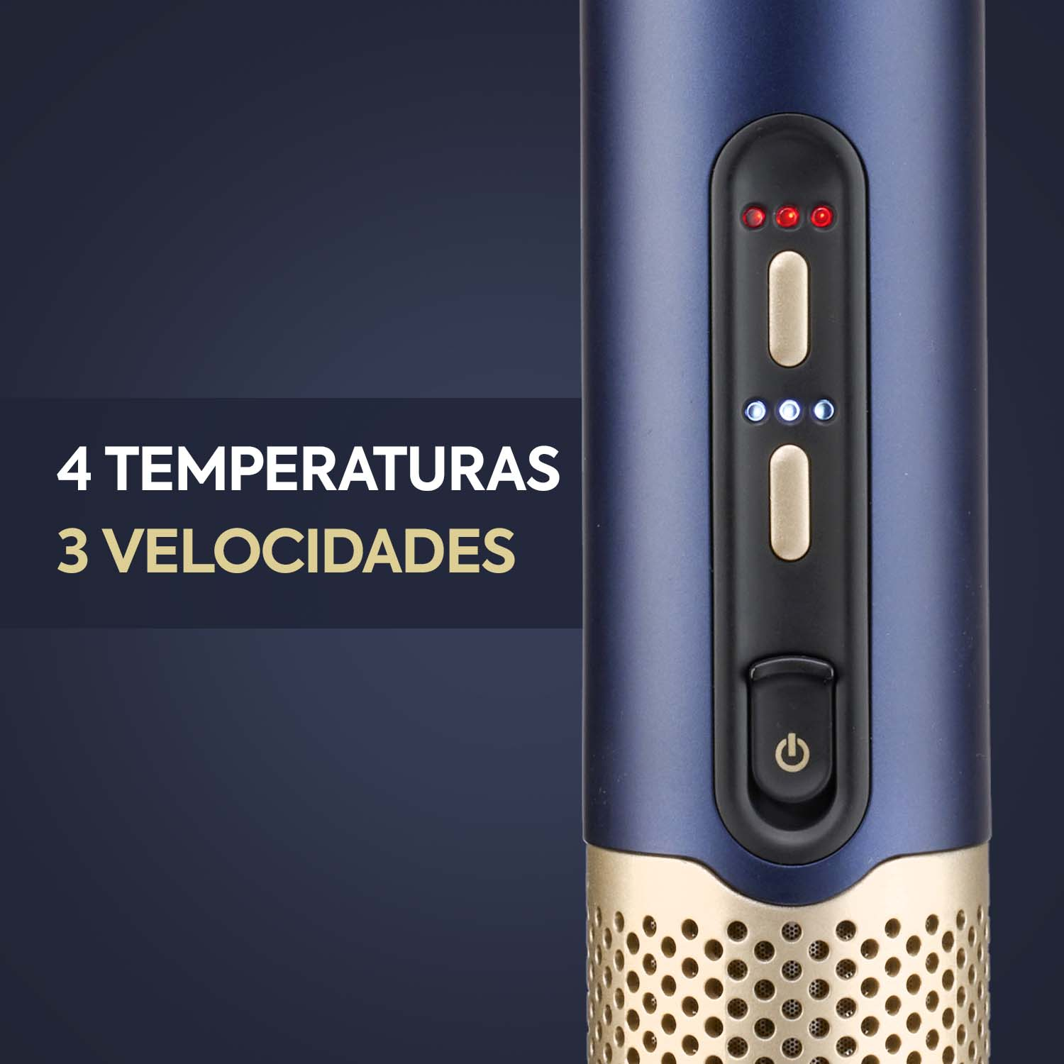 Primer plano de una herramienta de peinado con panel de control. Tres luces rojas y tres azules están encendidas. Botón de encendido visible.