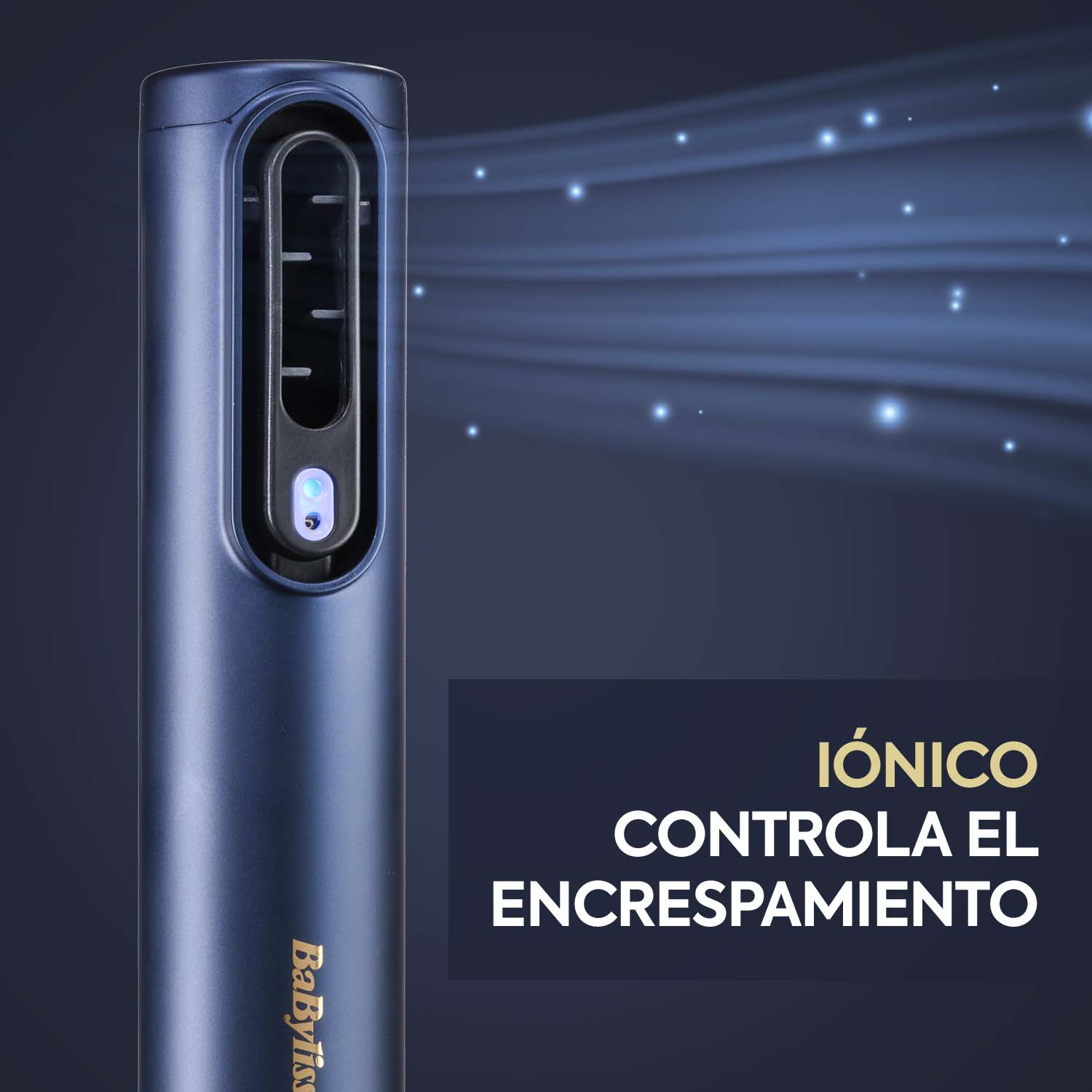 Un secador de pelo azul con texto de tecnología iónica sobre un fondo azul oscuro con brillo.