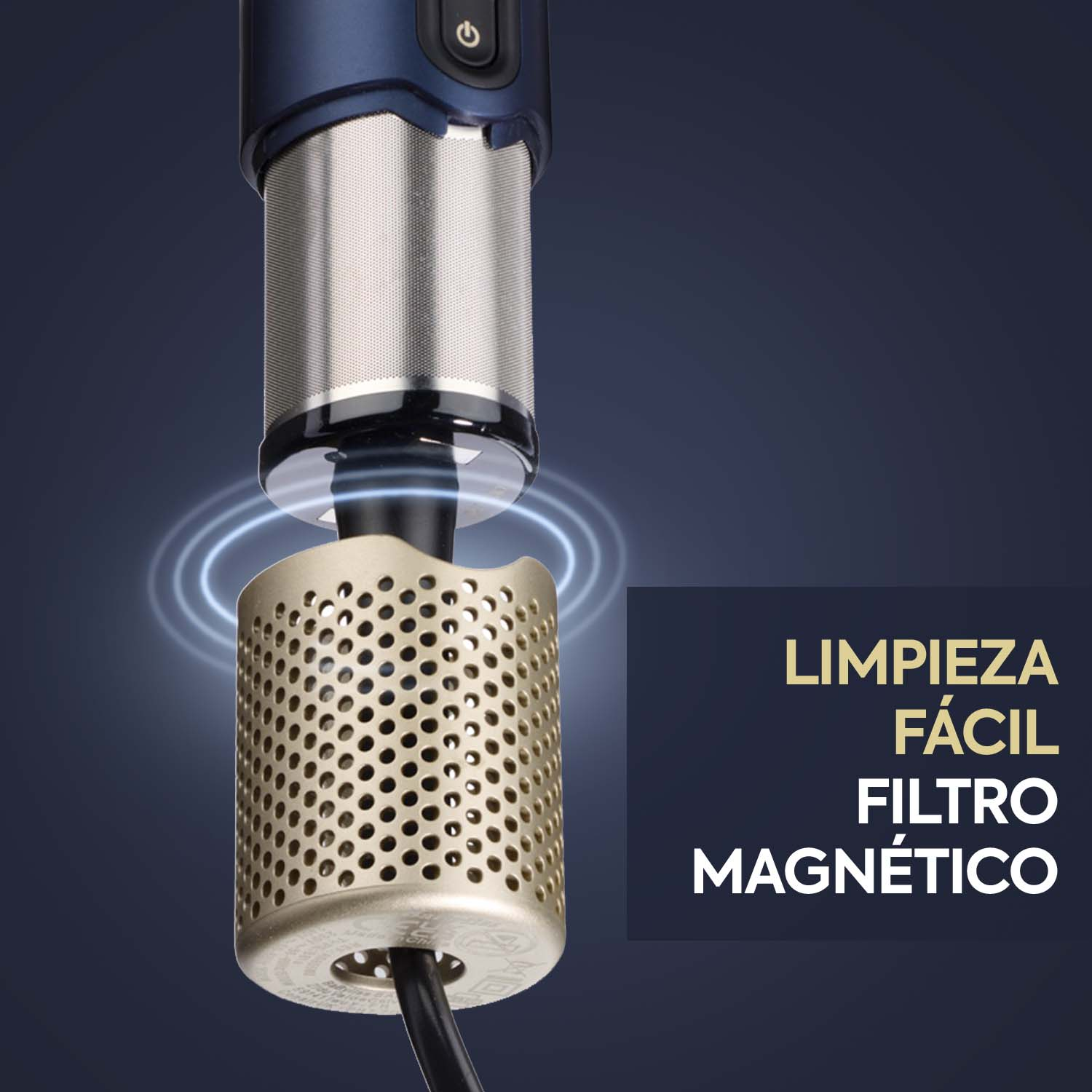 Primer plano de un filtro dorado en un dispositivo azul y plateado con texto en español.
