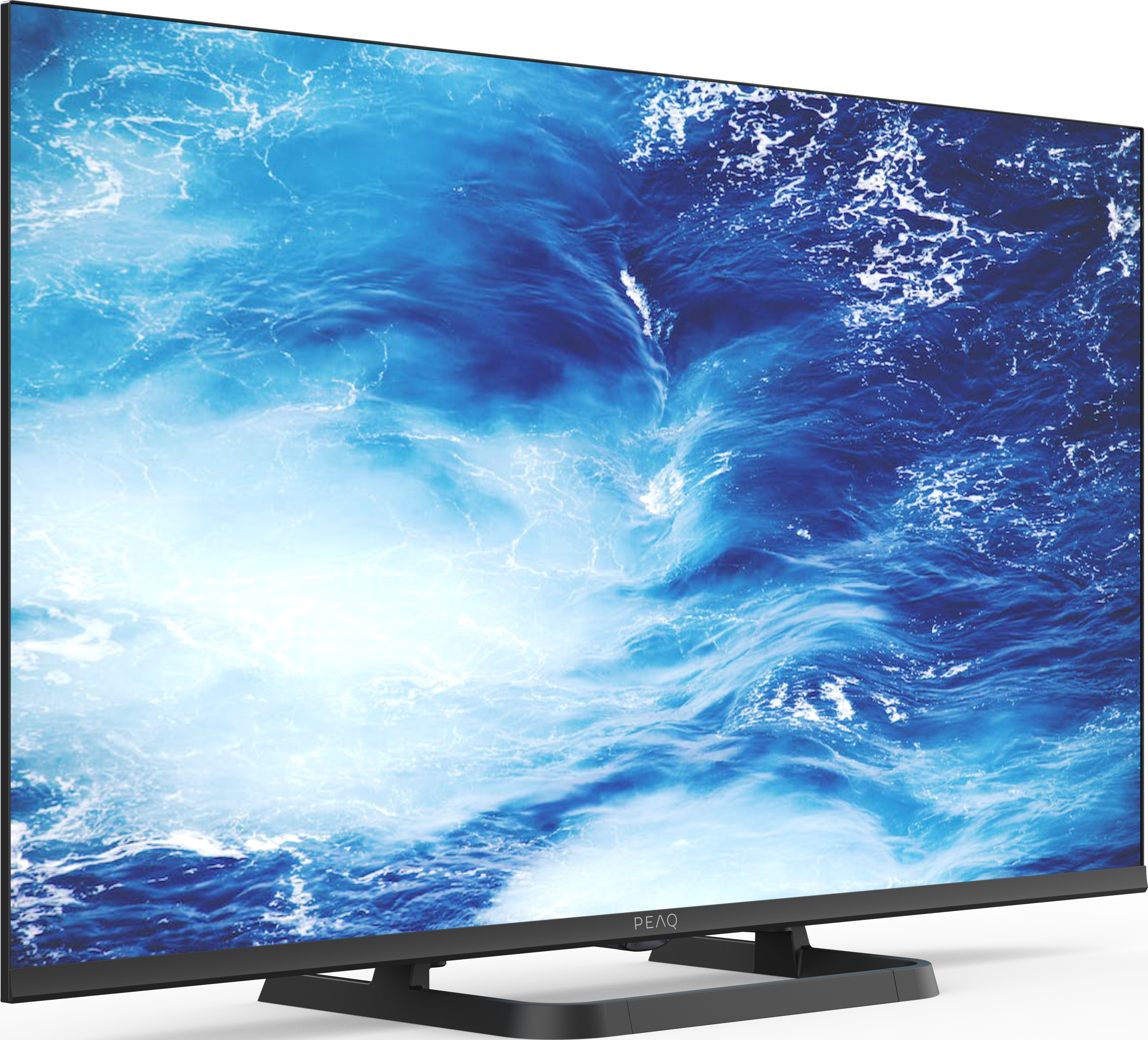 Grande schermo TV con onde blu dell'oceano, supportato da un supporto nero.
