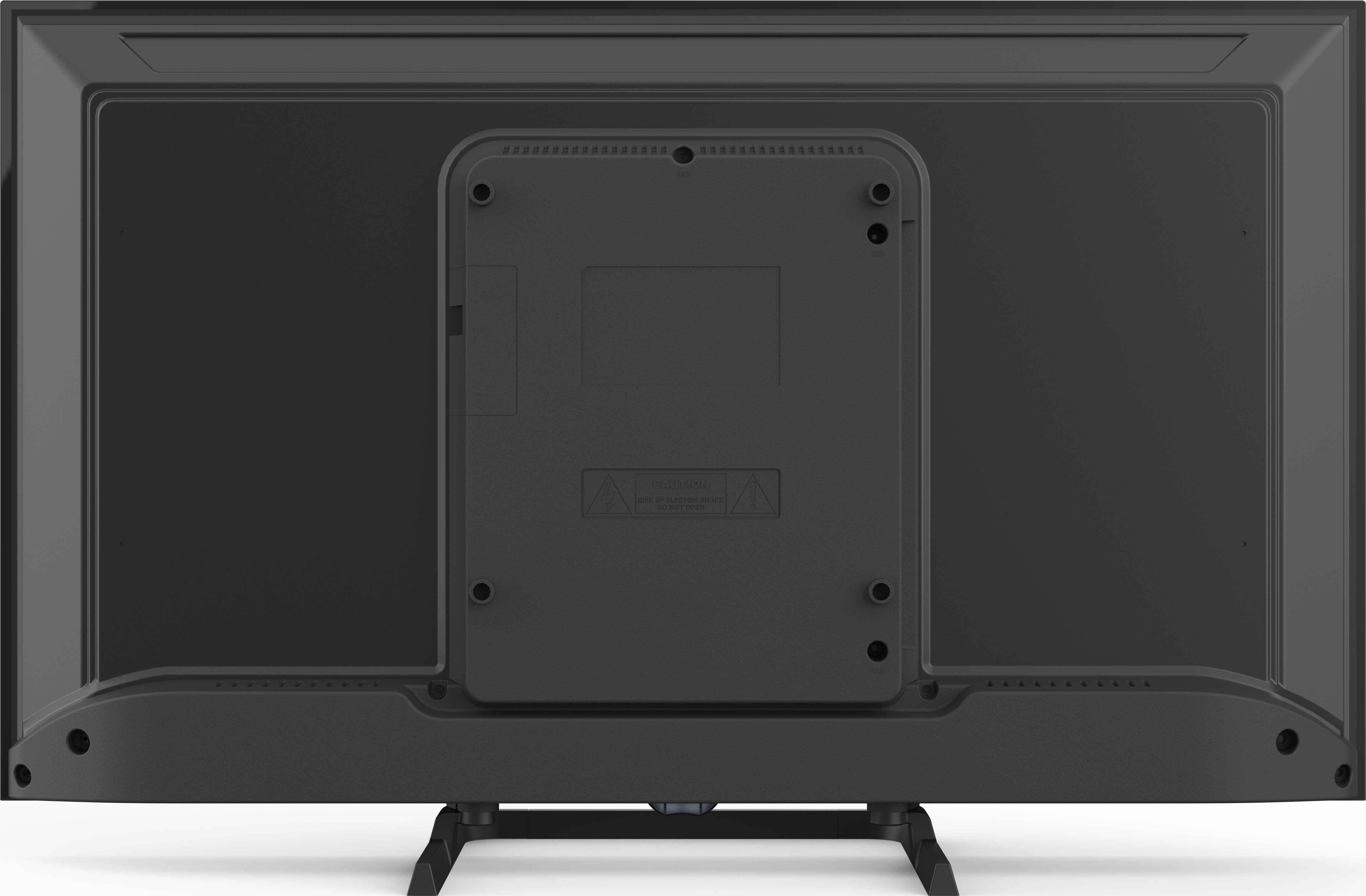 Il retro di una TV nera con staffa di montaggio e supporto.