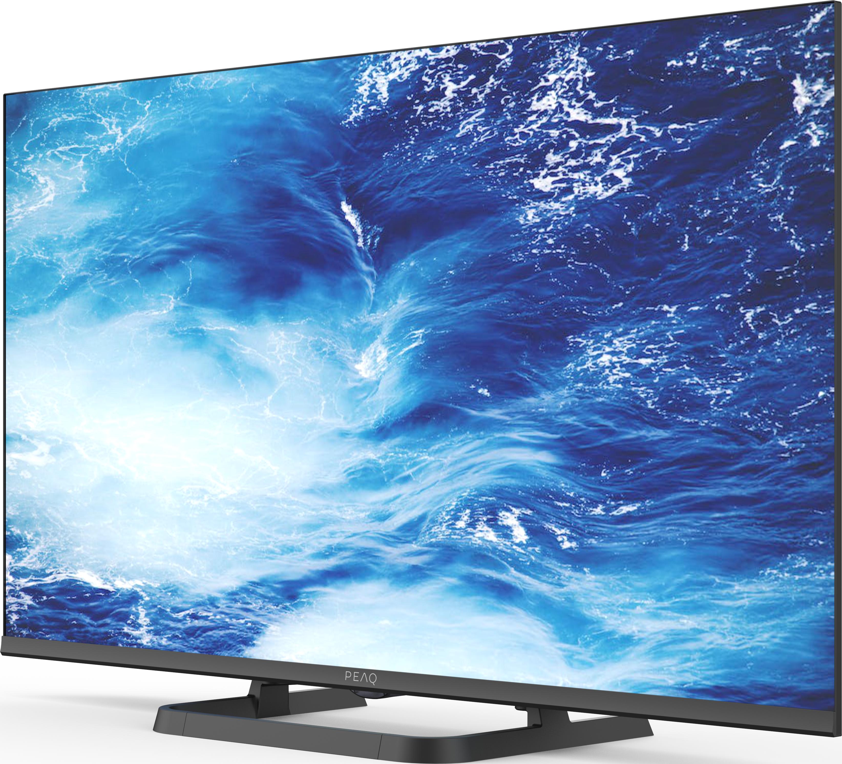 Uno schermo TV che mostra un oceano blu con onde e schiuma bianca.