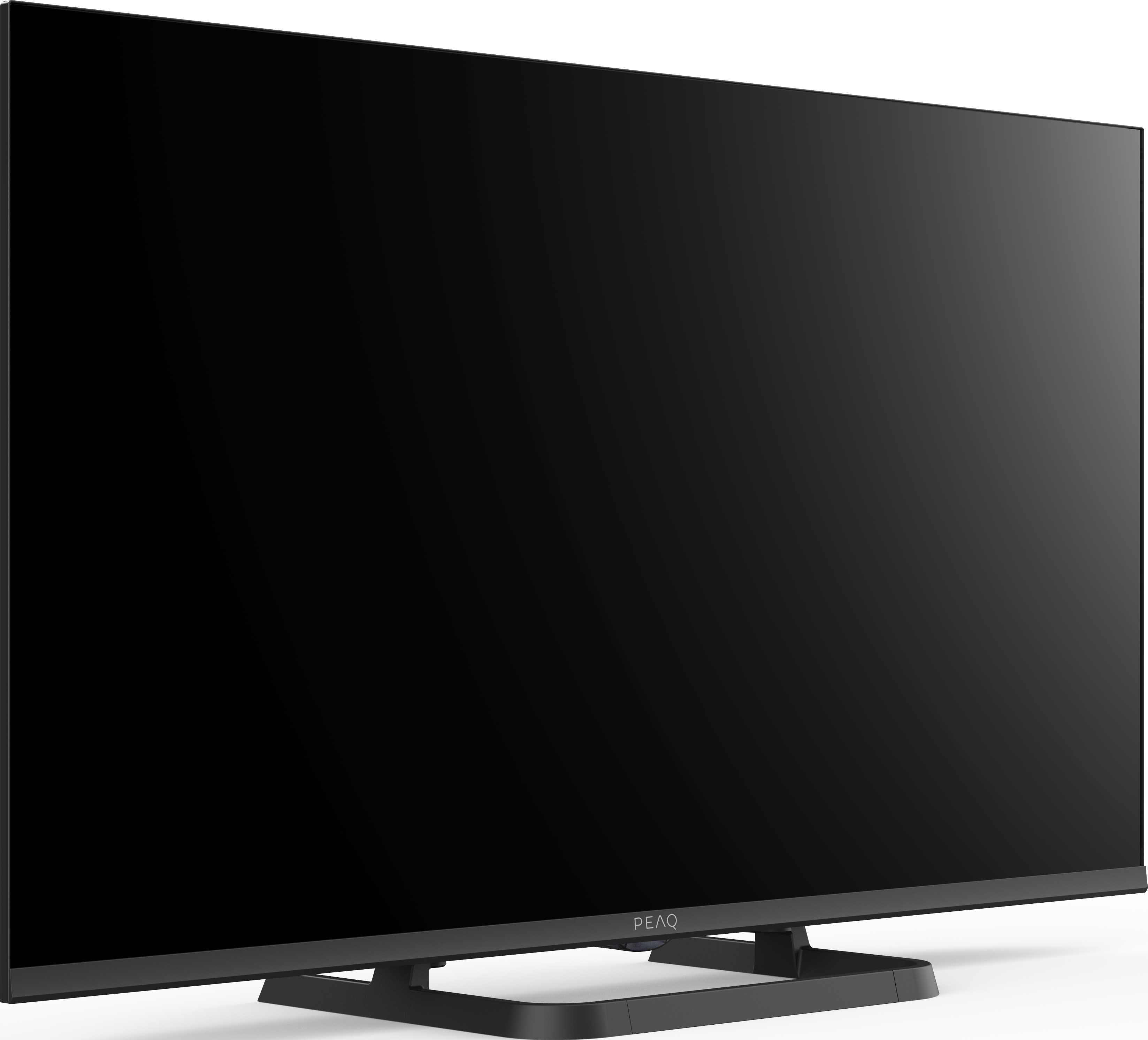 Uno schermo televisivo nero con un supporto nero. Lo schermo è vuoto.
