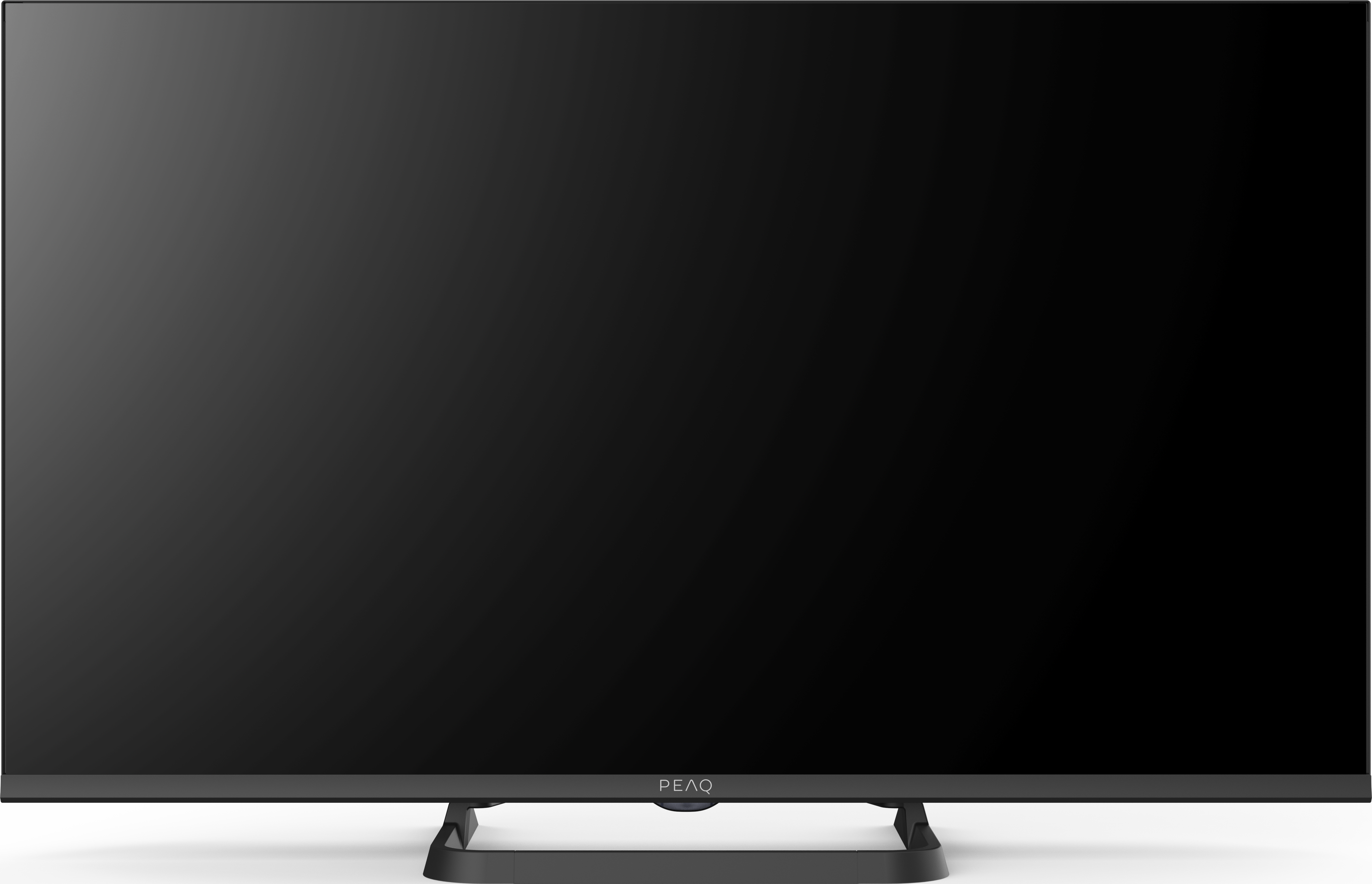Schermo TV nero con una cornice sottile, che non mostra nulla. Sfondo bianco e un supporto.
