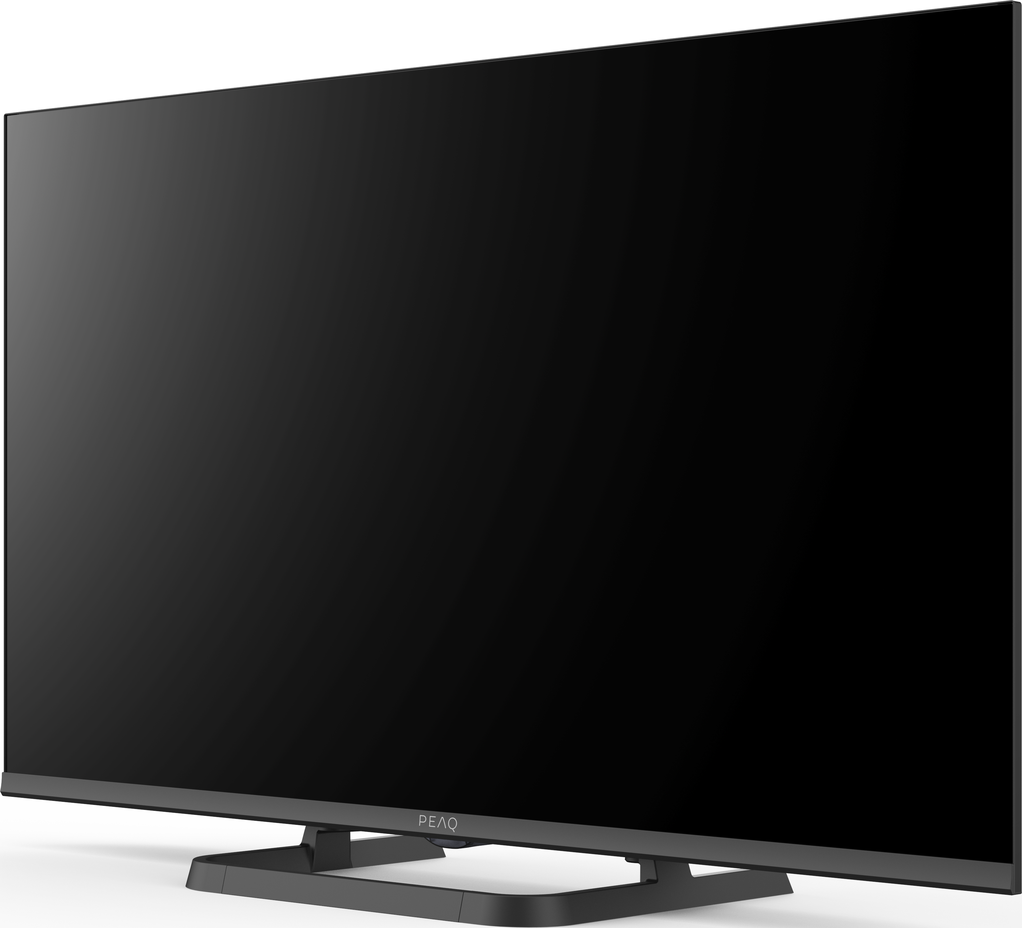 Una grande televisione nera con una cornice sottile, poggiata su una base nera.