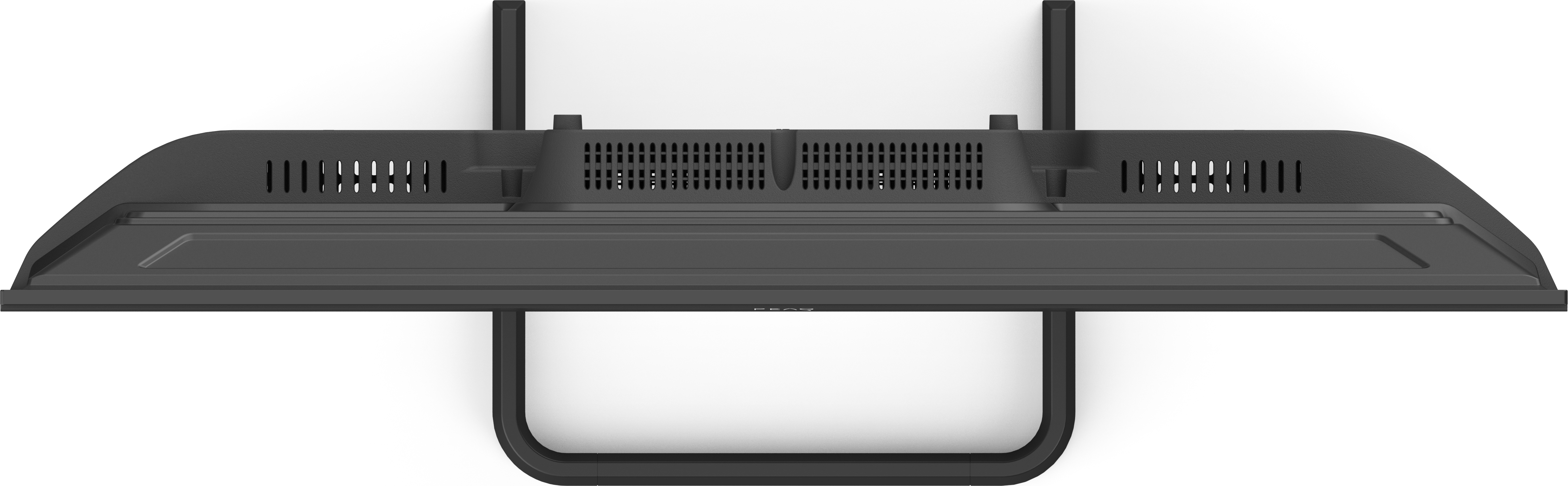 Una TV nera dal basso, montata su un supporto. Il supporto è a forma di U.