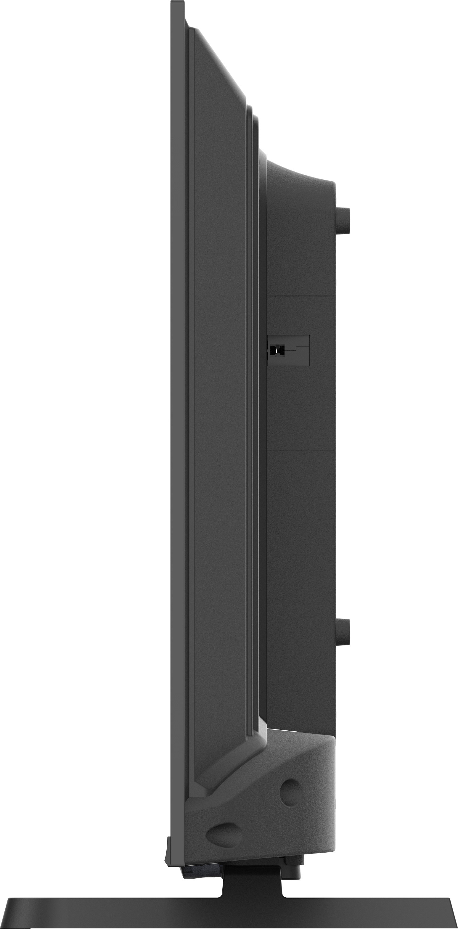 Vista laterale di una TV grigio scuro su sfondo nero con base nera.