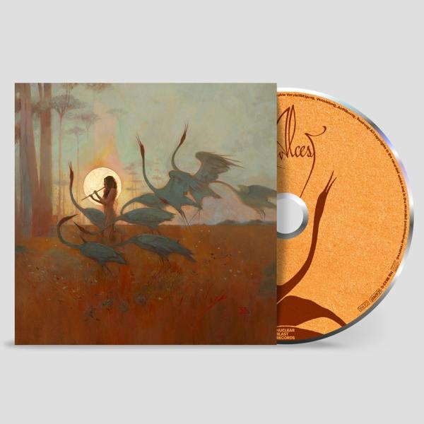 CD-Hülle mit einem Gemälde einer Flöte spielenden Frau, umgeben von Vögeln und einem Sonnenuntergang.
