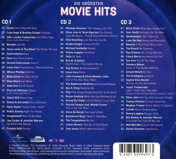 Rückseite einer CD mit einer Liste der größten Filmmusik-Hits, mit verschiedenen Künstlern.