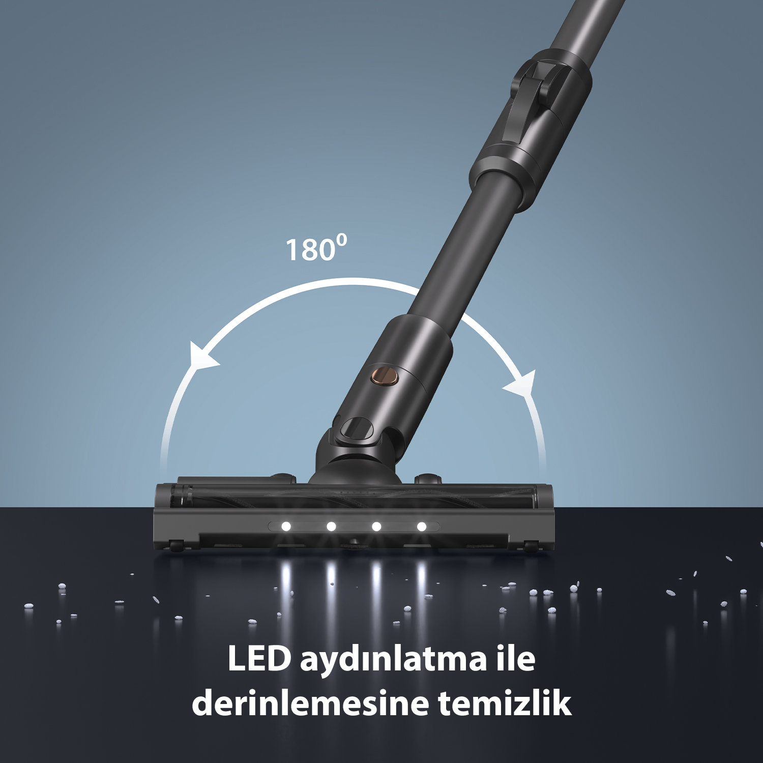 LED ışıklı siyah elektrikli süpürge başlığı, beyaz parçacıklarla bir yüzeyi temizliyor.