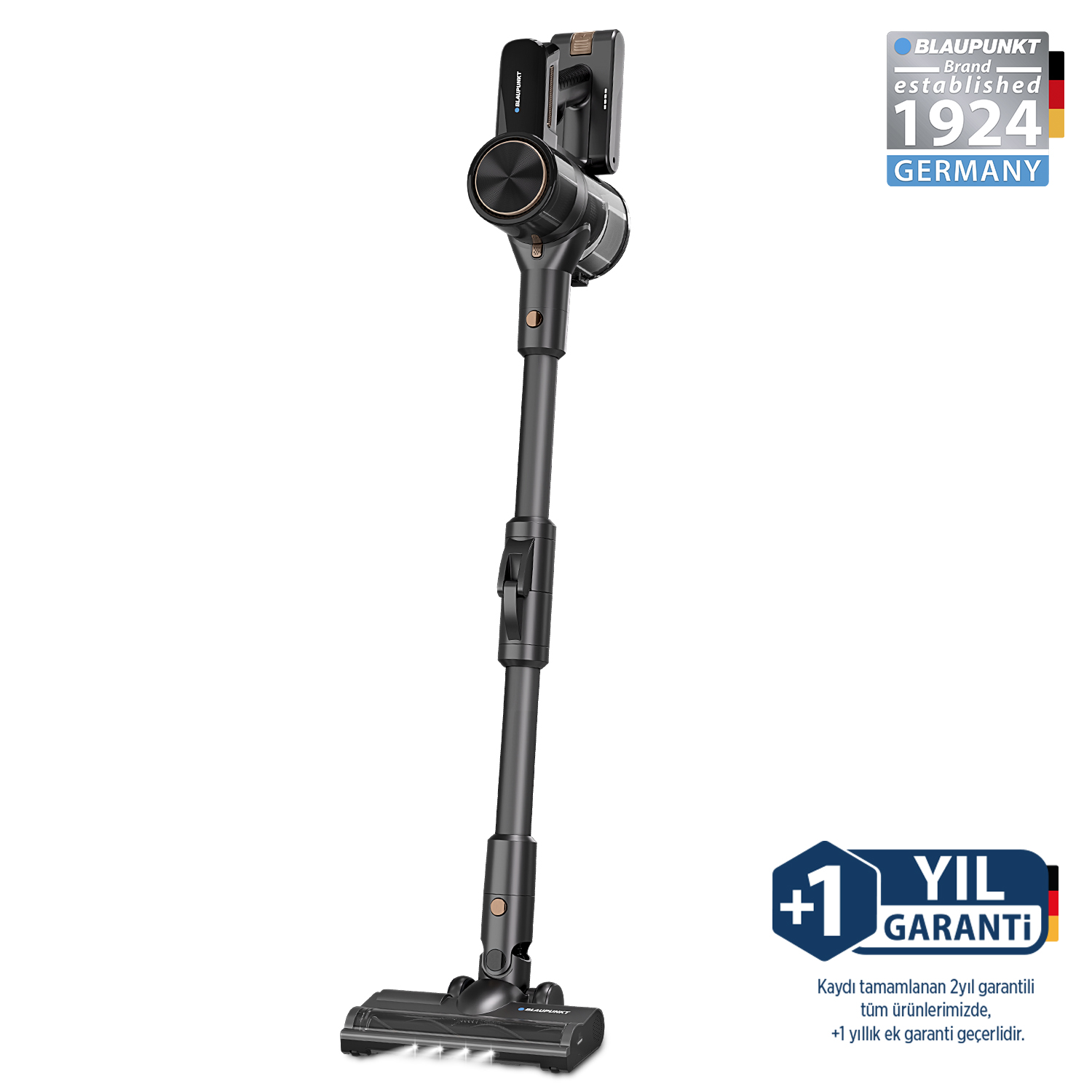 Siyah ve altın rengi elektrikli süpürge. Metin: BLAUPUNKT, Brand established 1924 GERMANY, +1 YEAR WARRANTY.