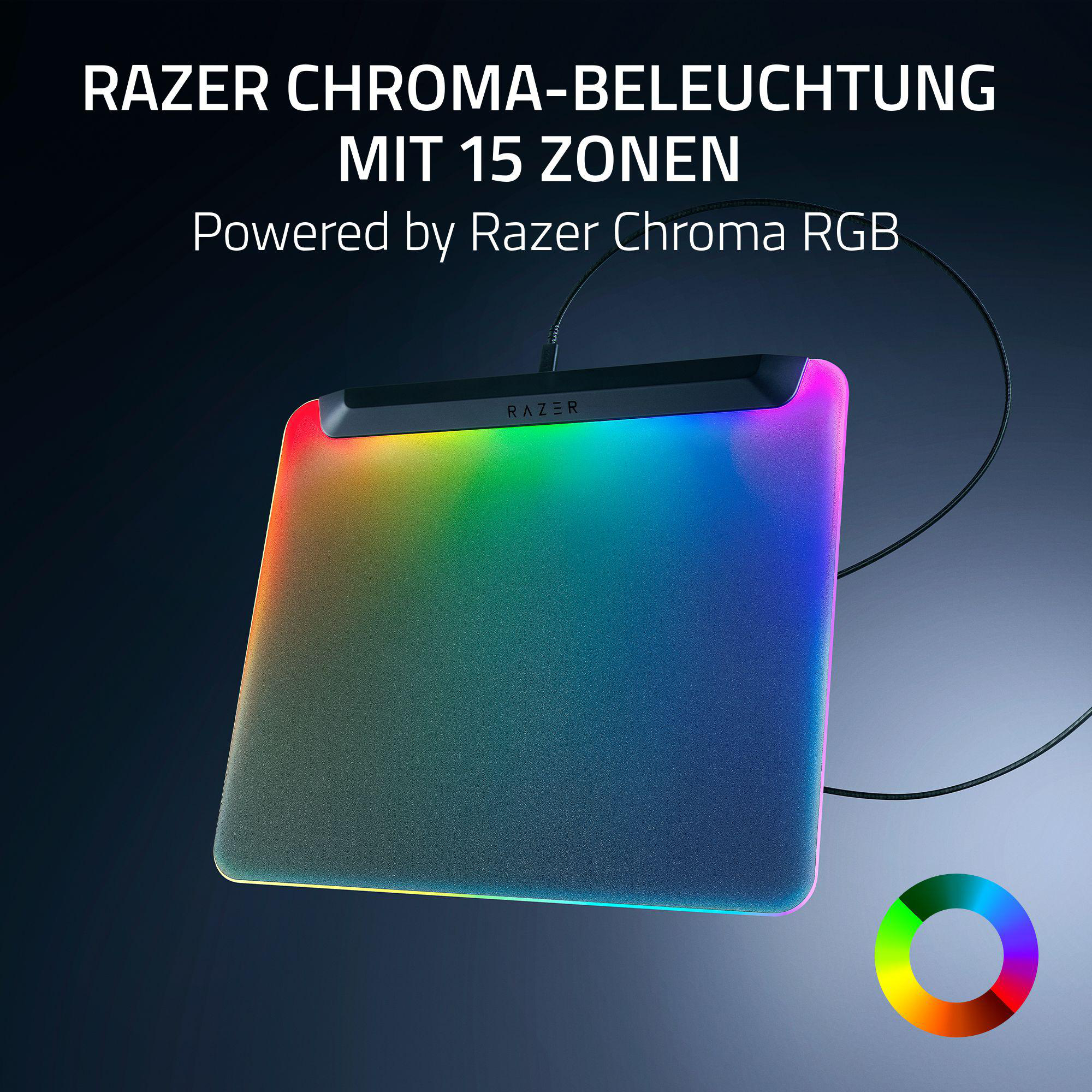 Ein Razer Chroma beleuchtetes Mauspad. Das Pad zeigt ein Farbspektrum an. Der Text lautet 'RAZER CHROMA-BELEUCHTUNG'.