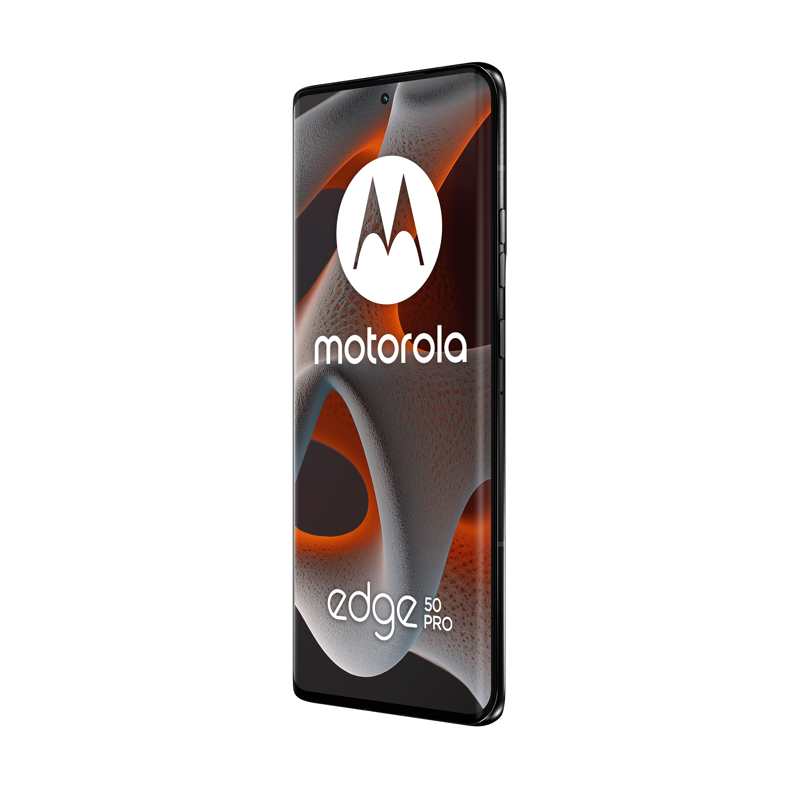 Ein schwarzes Motorola Edge 50 Pro-Handy auf weißem Hintergrund, das seinen Bildschirm zeigt.