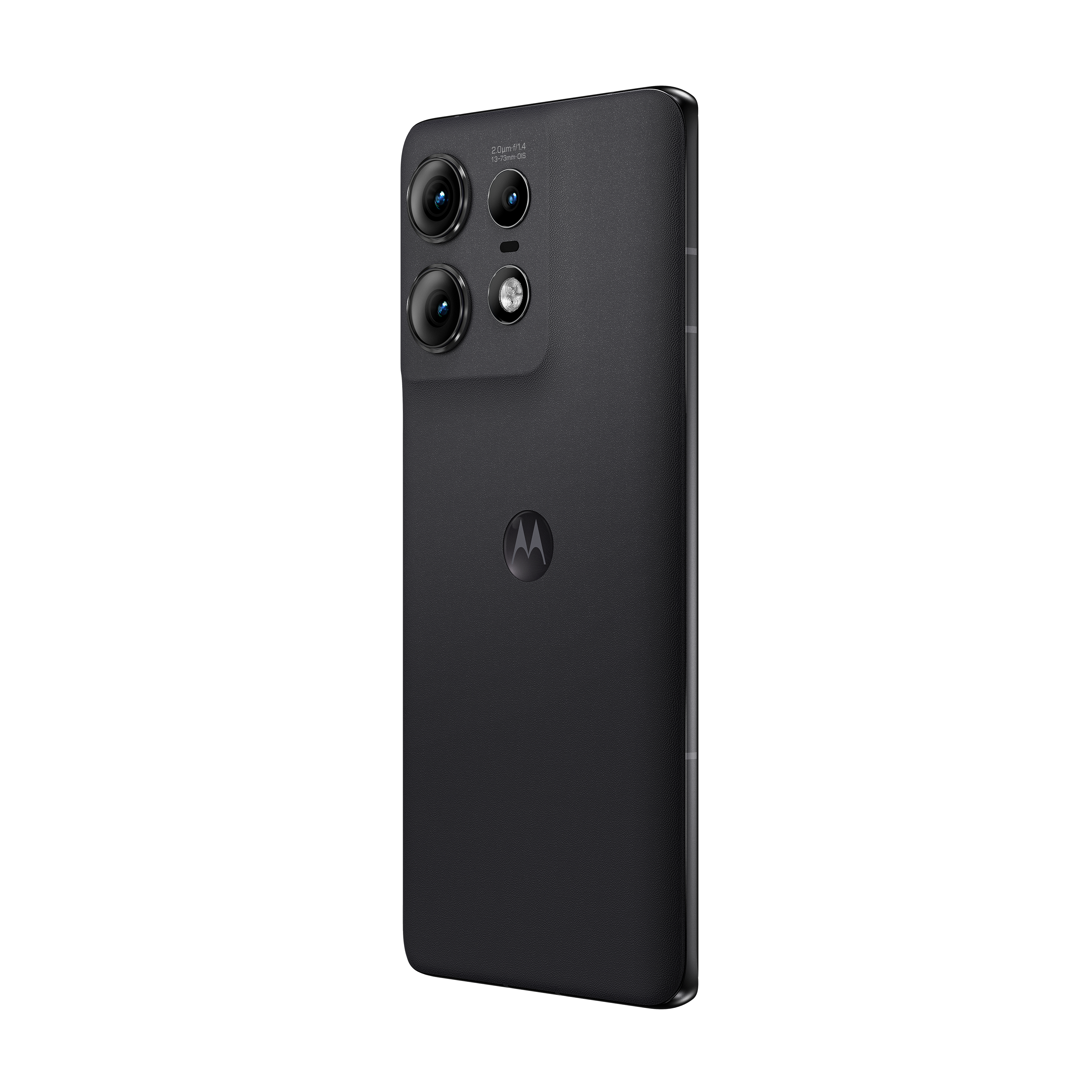 Schwarzes Smartphone mit drei Rückkameras. Motorola-Logo hinten. Schlankes Design.