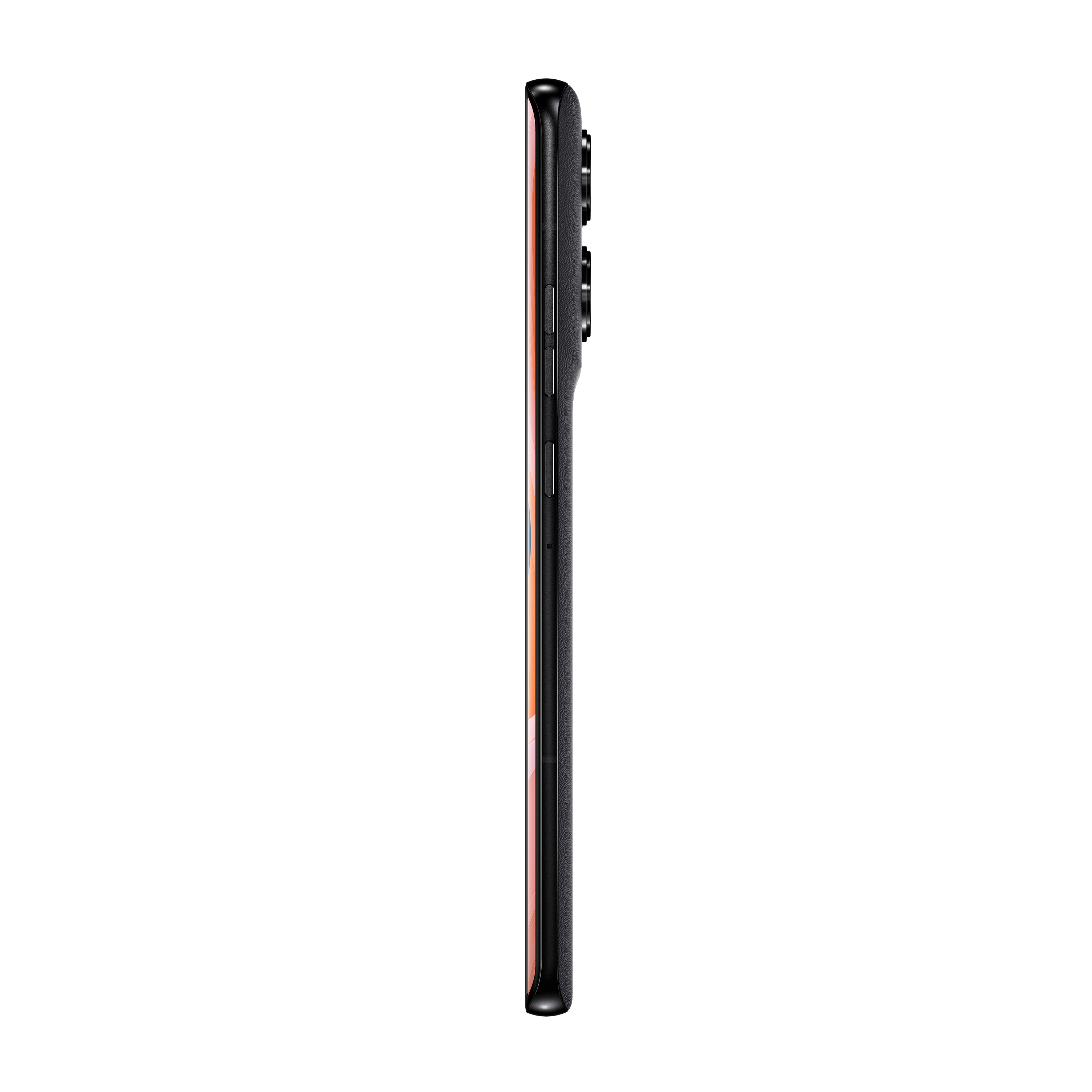 Seitenansicht eines schwarzen Smartphones mit Knöpfen, isoliert auf weißem Hintergrund.