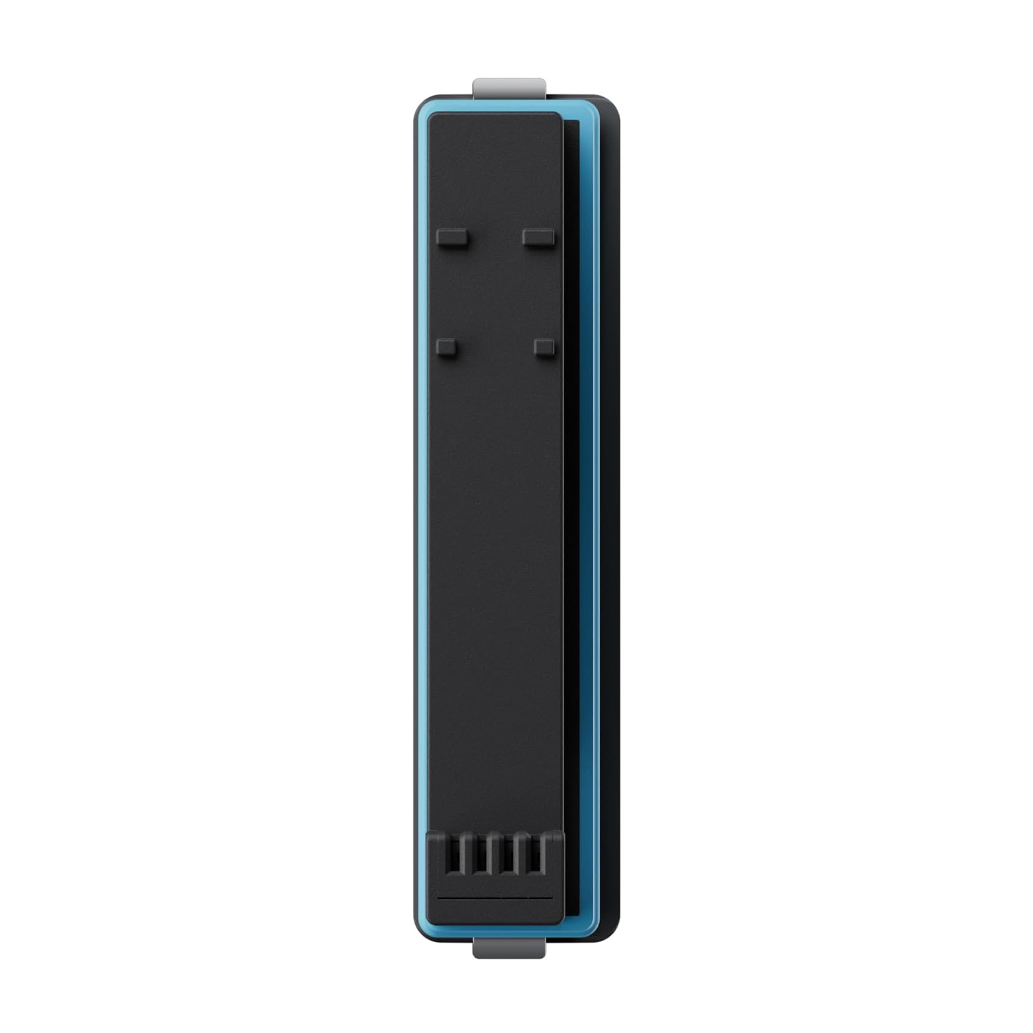 Un dispositivo nero con un telaio blu. Ha una forma rettangolare con tre fessure in basso.