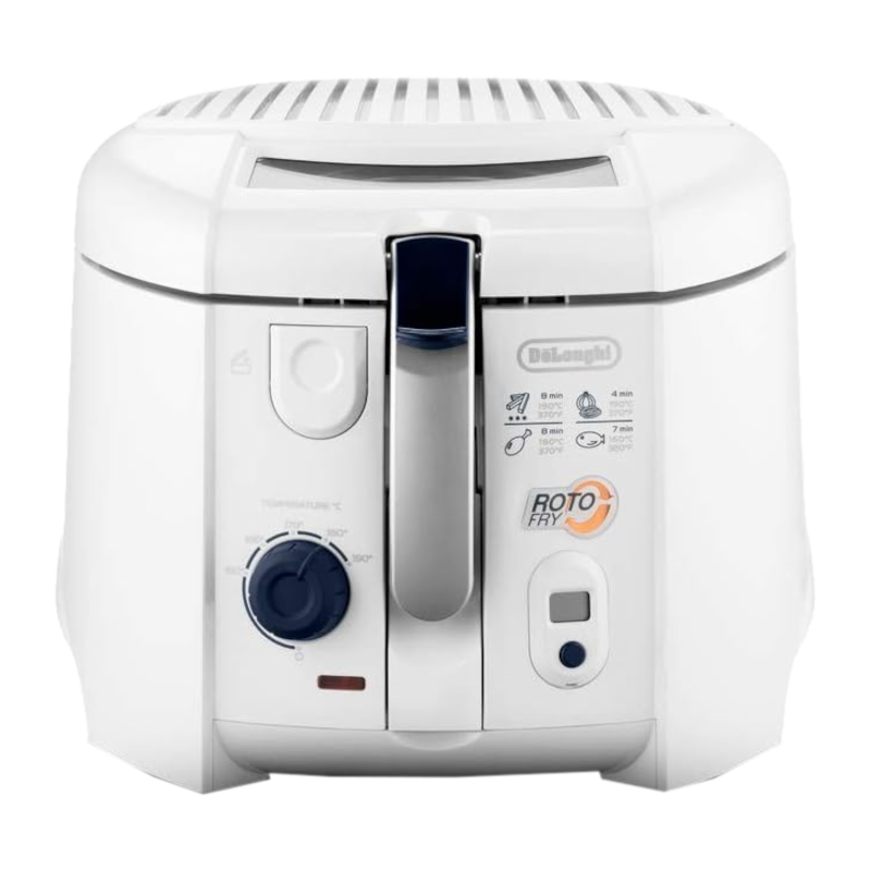 Friteuse blanche avec poignée, cadran bleu et boutons. Logo DeLonghi présent.