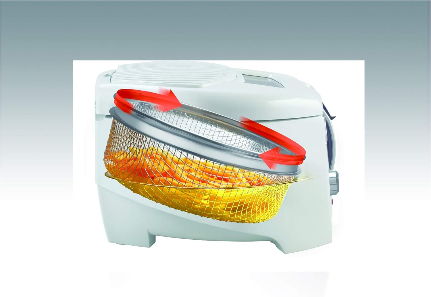 Friteuse avec panier rempli de frites. Des flèches rouges indiquent la rotation du panier.