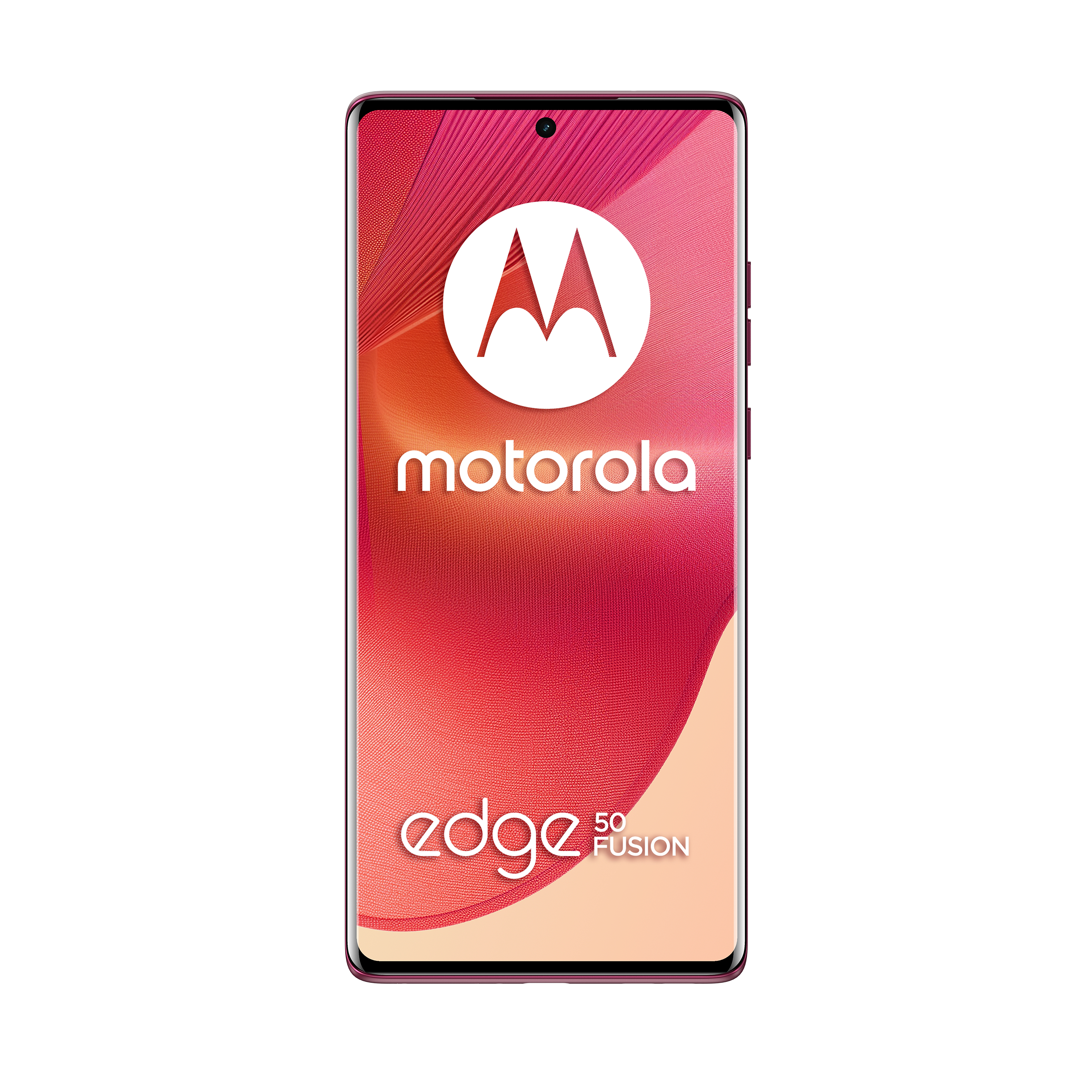Ein pinkfarbenes Motorola Edge 50 Fusion Smartphone auf weißem Hintergrund. Der Bildschirm zeigt das Motorola-Logo.