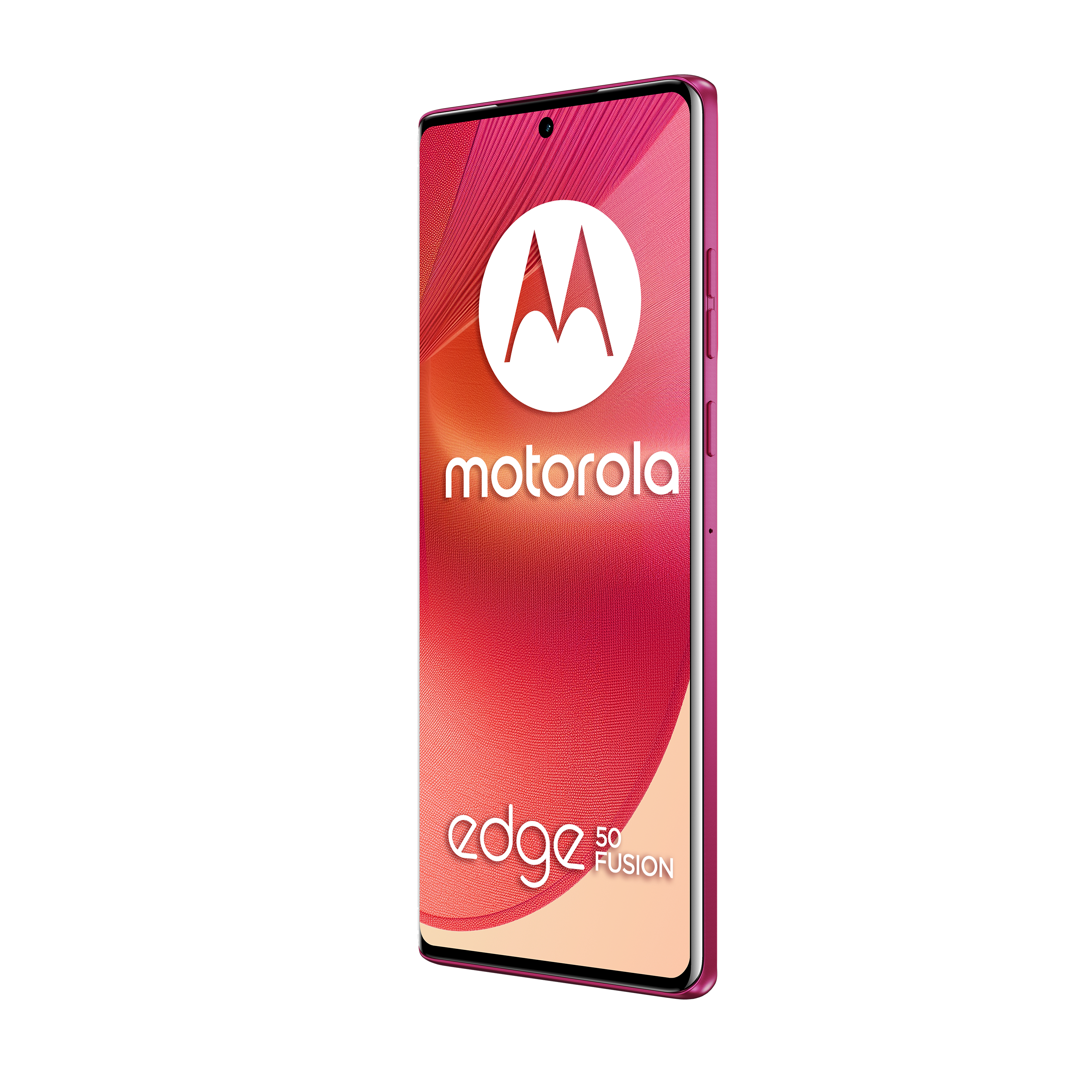 Motorola Edge 50 Fusion Telefon in Pink. Der Bildschirm zeigt das Motorola Logo.