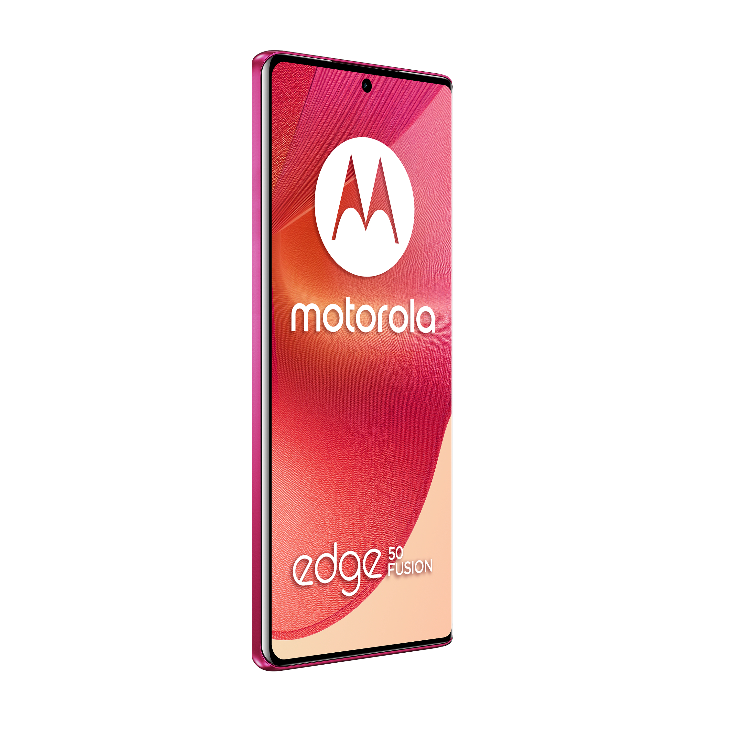 Pinkes Motorola Edge 50 Fusion Smartphone. Es hat ein Motorola-Logo auf der Vorderseite.