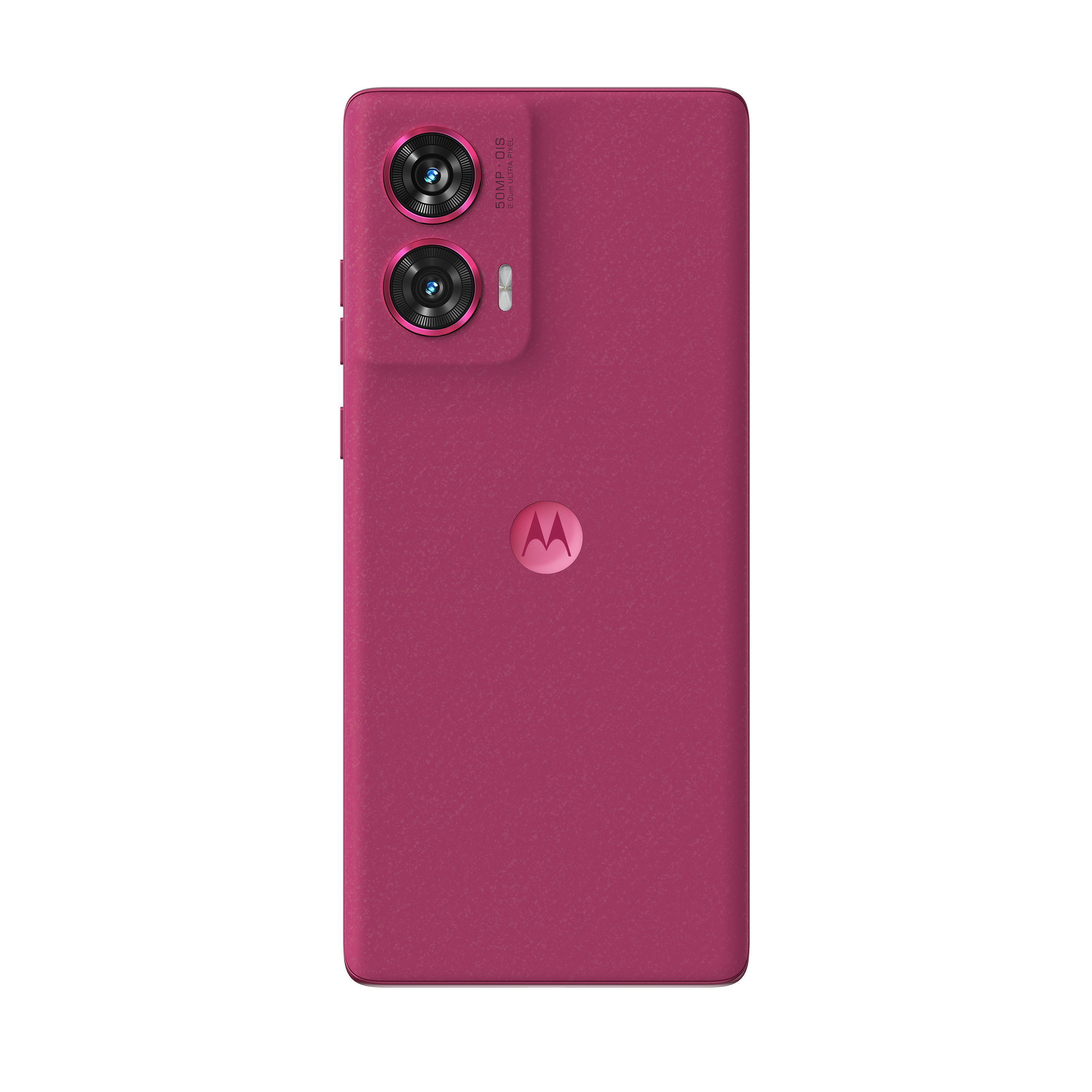 Ein magenta Motorola-Smartphone mit Dreifach-Kamera-Setup wird gezeigt.