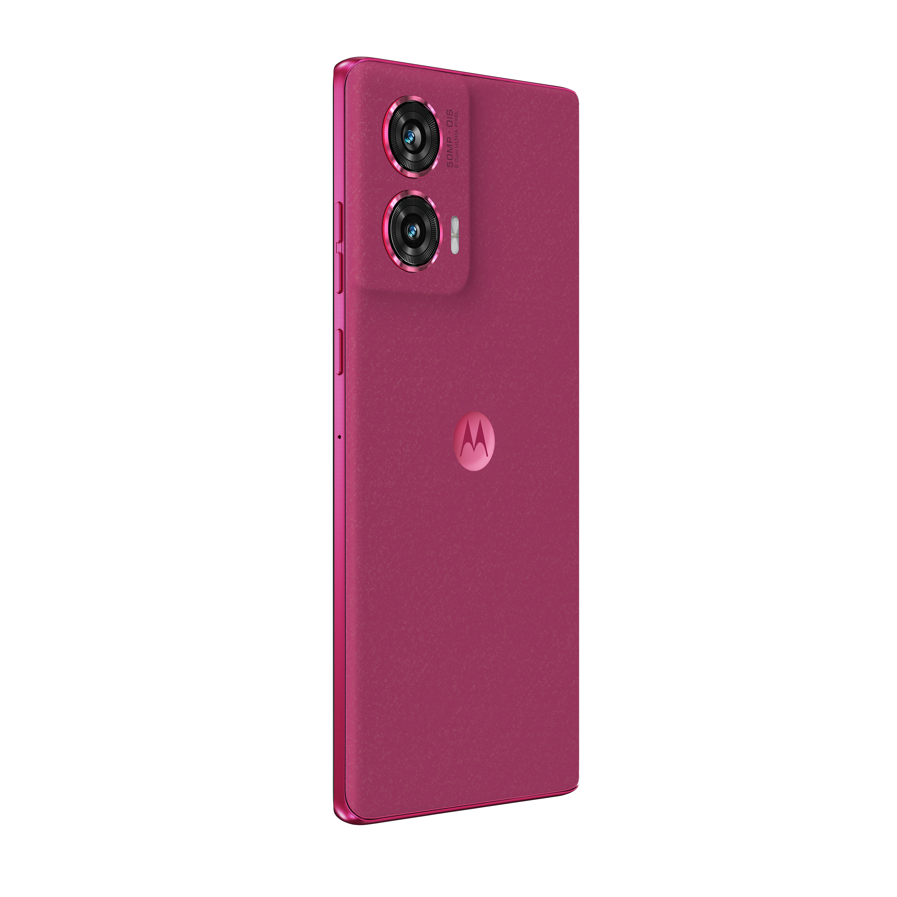 Nahaufnahme eines pinkfarbenen Smartphones mit zwei Kameras und einem Logo auf der Rückseite.