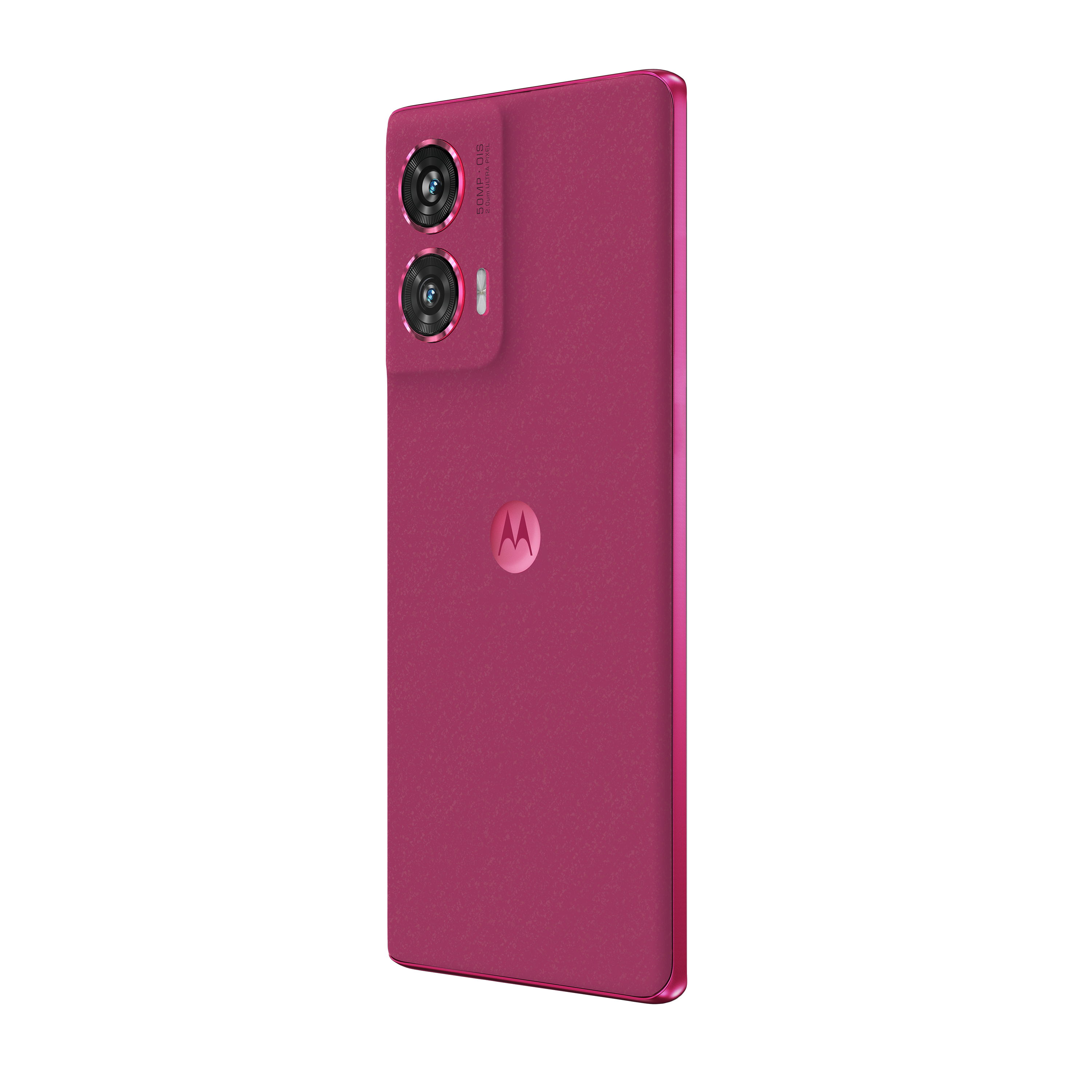 Rote Smartphone-Rückansicht mit zwei Kameras und dem Motorola-Logo. Weißer Hintergrund.