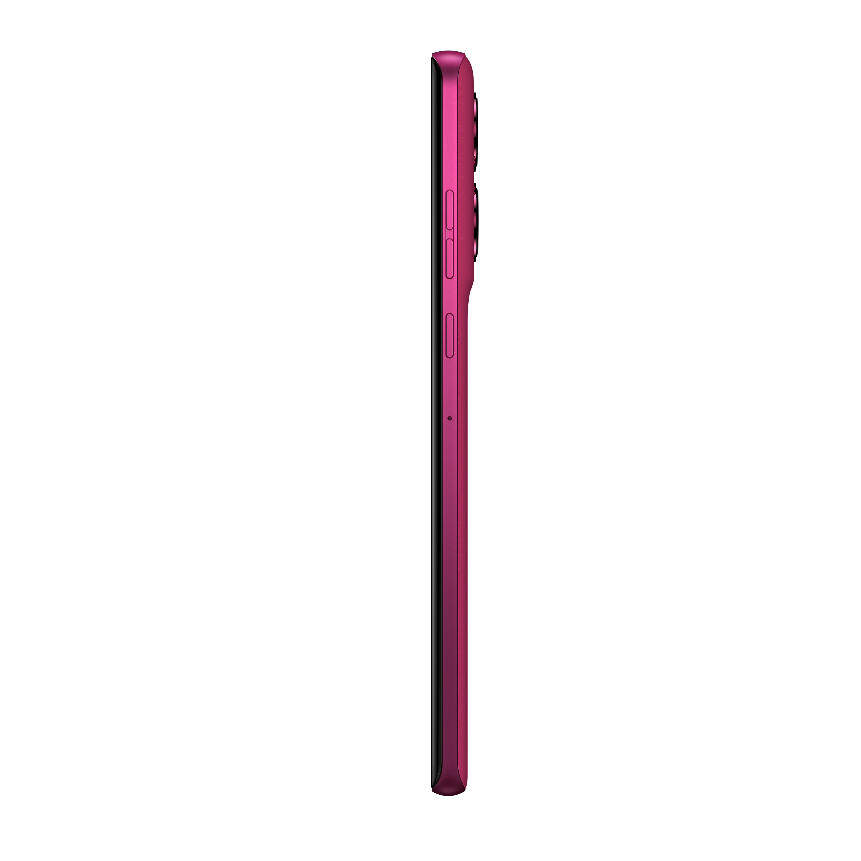 Pinkes Telefon Seitenansicht. Das Telefon hat Knöpfe und ein geschwungenes Design.