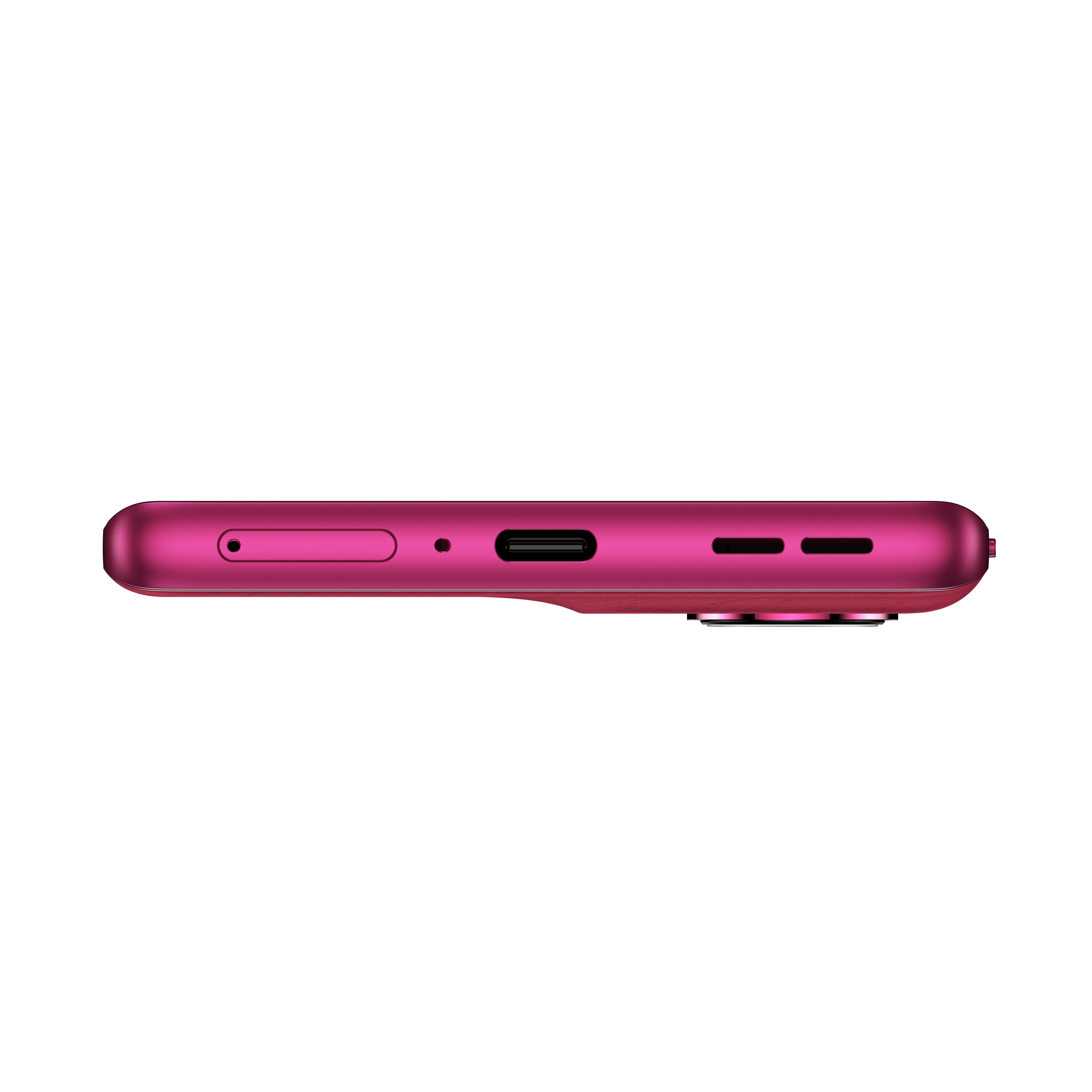 Draufsicht auf ein magenta Smartphone mit Anschlüssen und Knöpfen an der Seite.