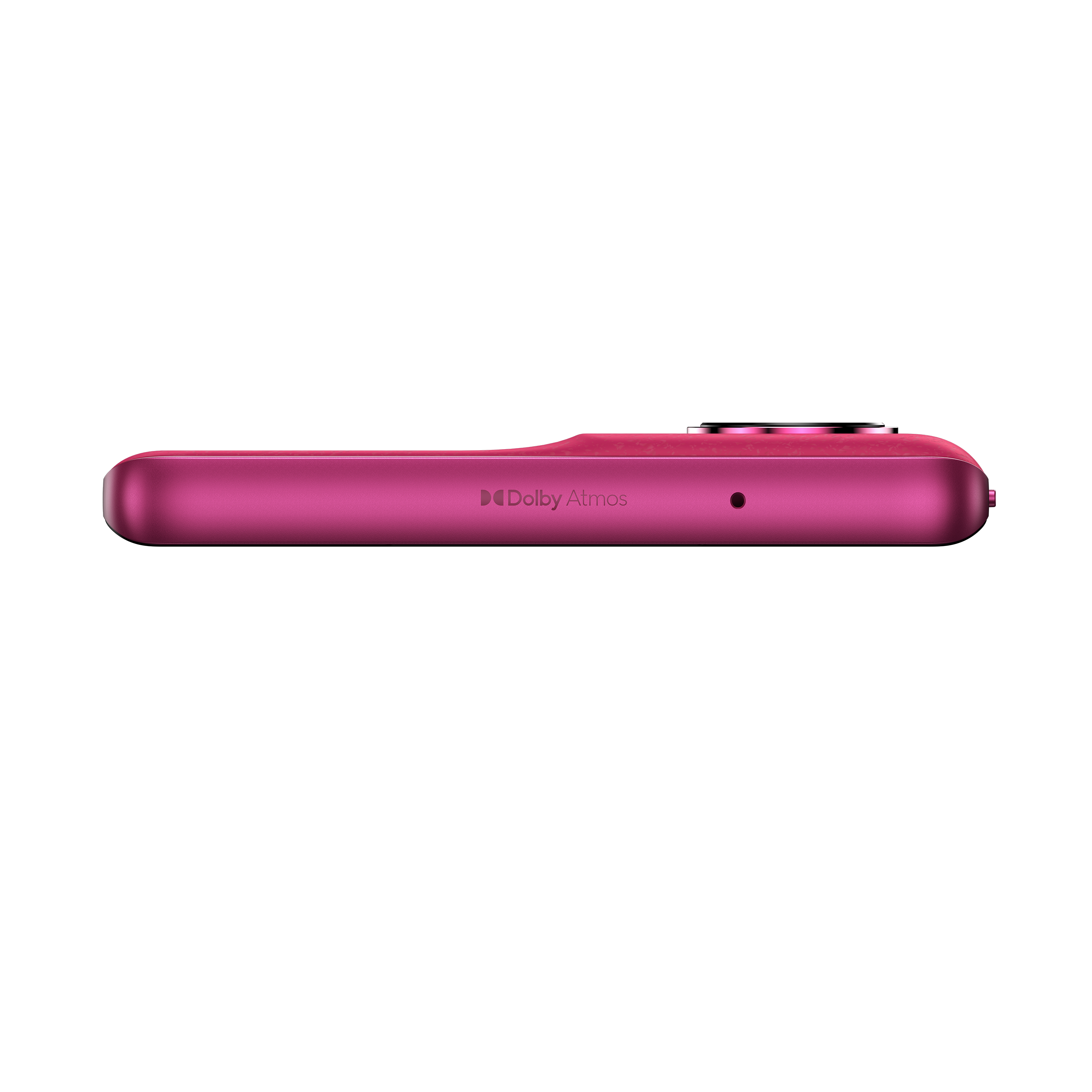 Rosa Telefon, Seitenansicht, Dolby Atmos Logo und Loch für Mikrofon.
