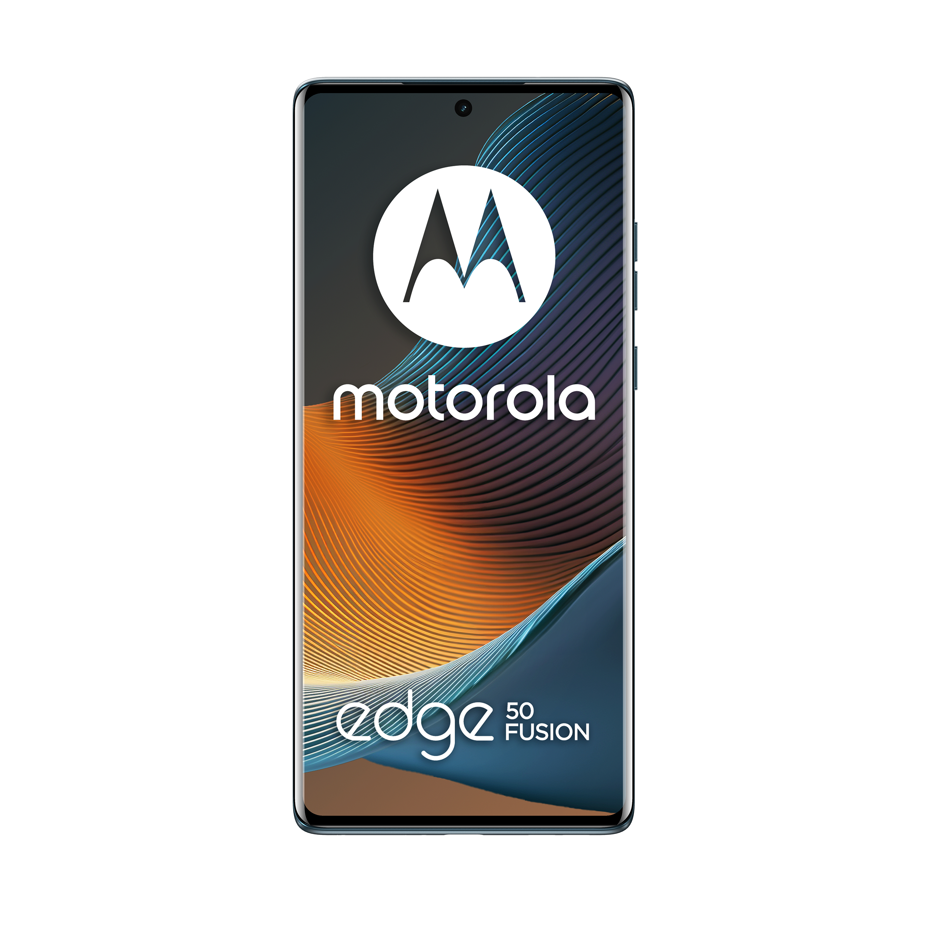 Motorola Edge 50 Fusion Smartphone. Schwarzes Kameramodul. Blauer und goldener Hintergrund.