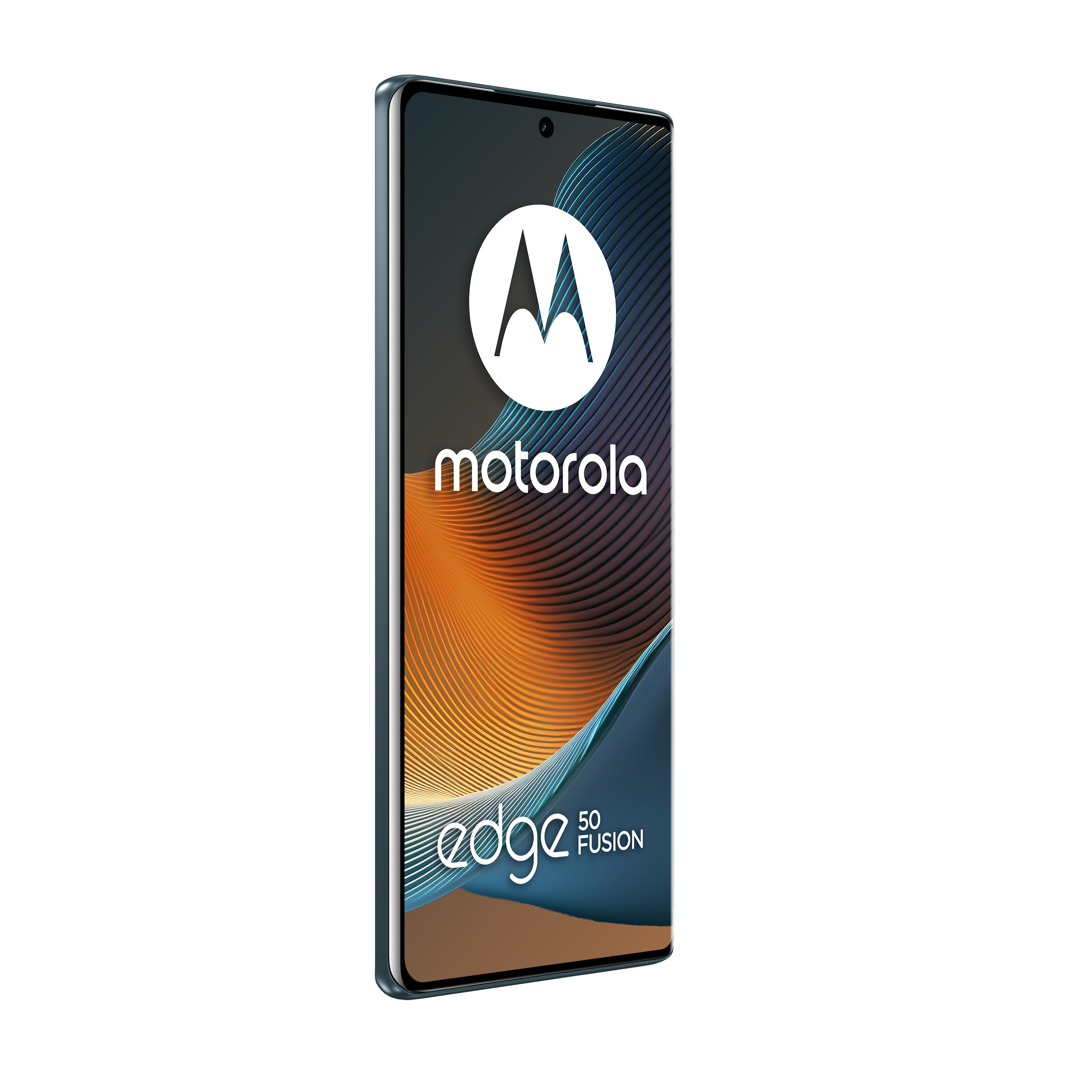 Ein motorola edge 50 fusion Telefon. Es ist teal, hat ein zentriertes motorola Logo und den Text edge 50 fusion darunter.