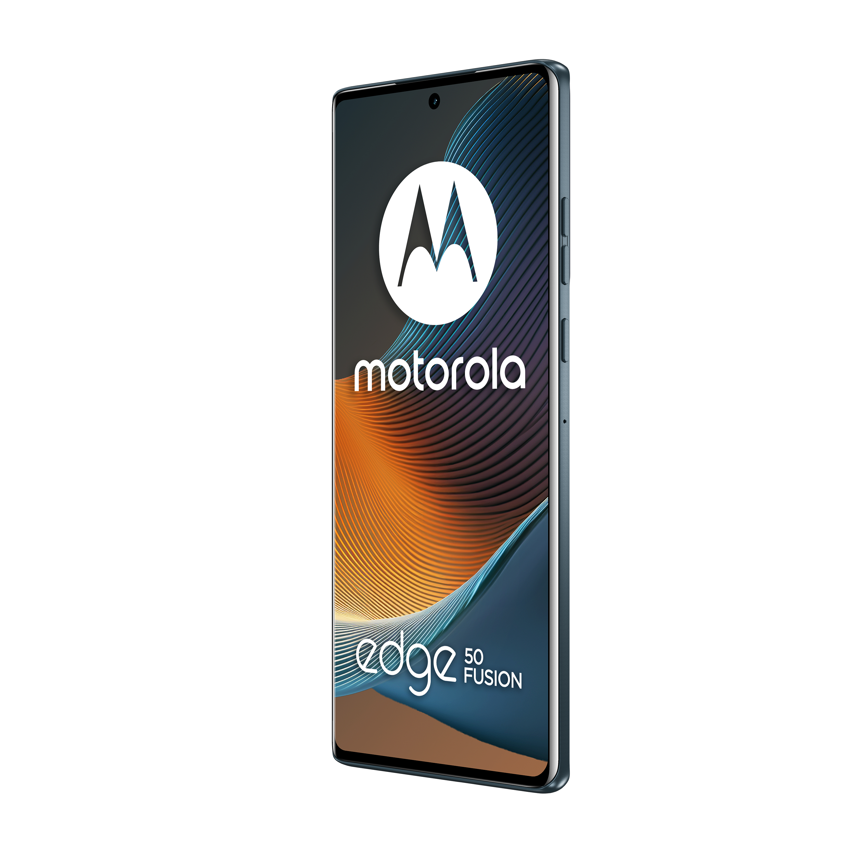 Motorola Edge 50 Fusion Smartphone. Türkis, weißer Hintergrund, Motorola Logo.