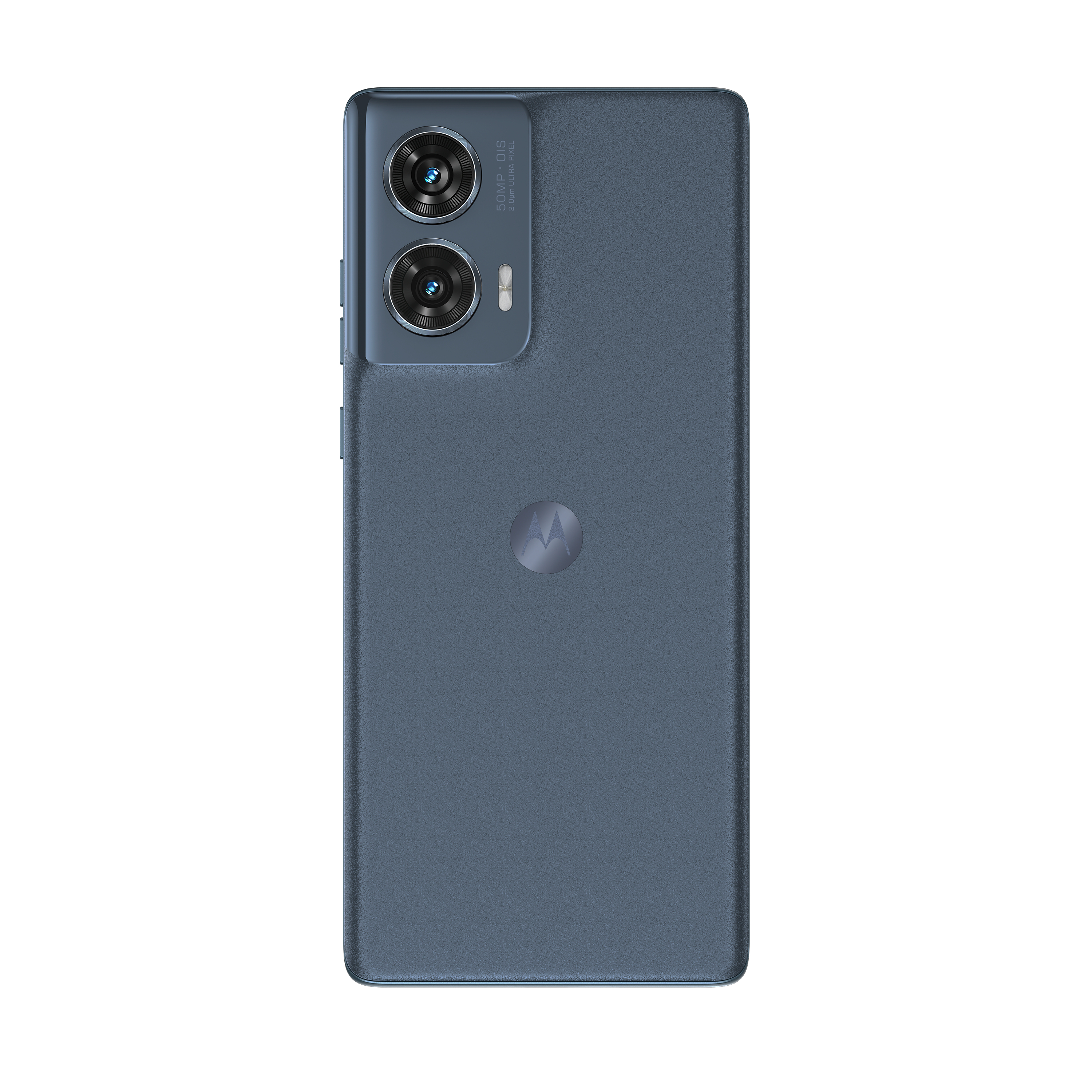 Blaues Smartphone mit großem Kameramodul mit zwei Linsen.