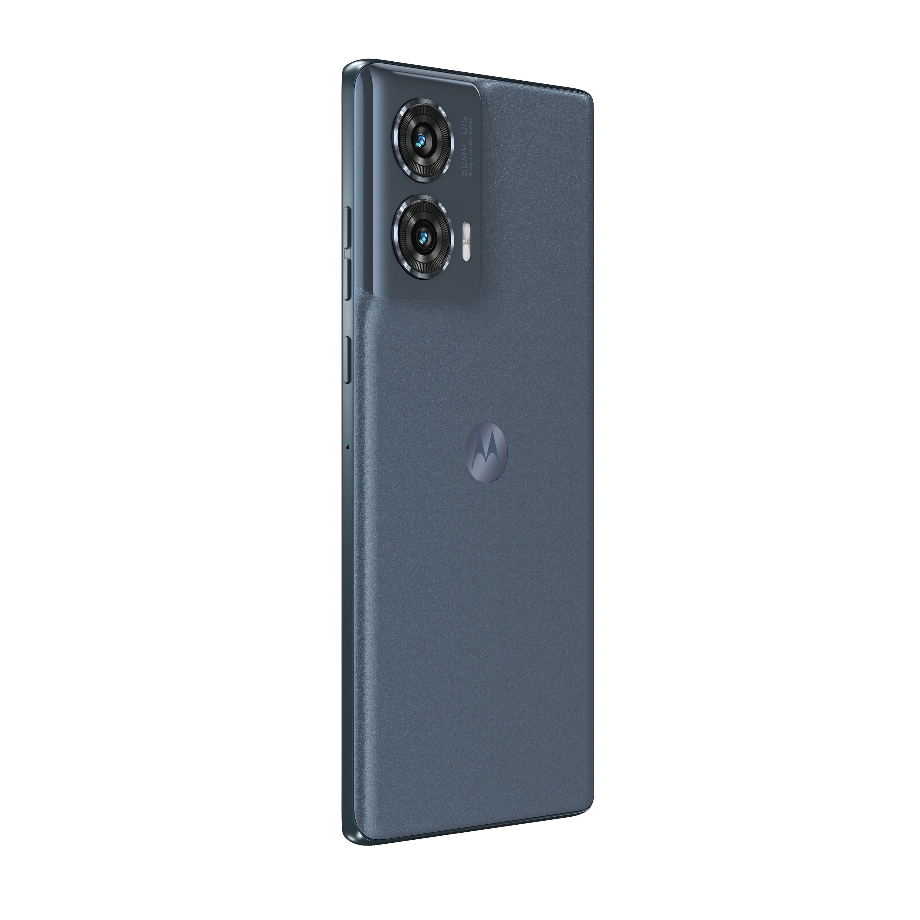 Ein dunkelblaues Motorola-Telefon mit zwei Kameras auf der Rückseite.