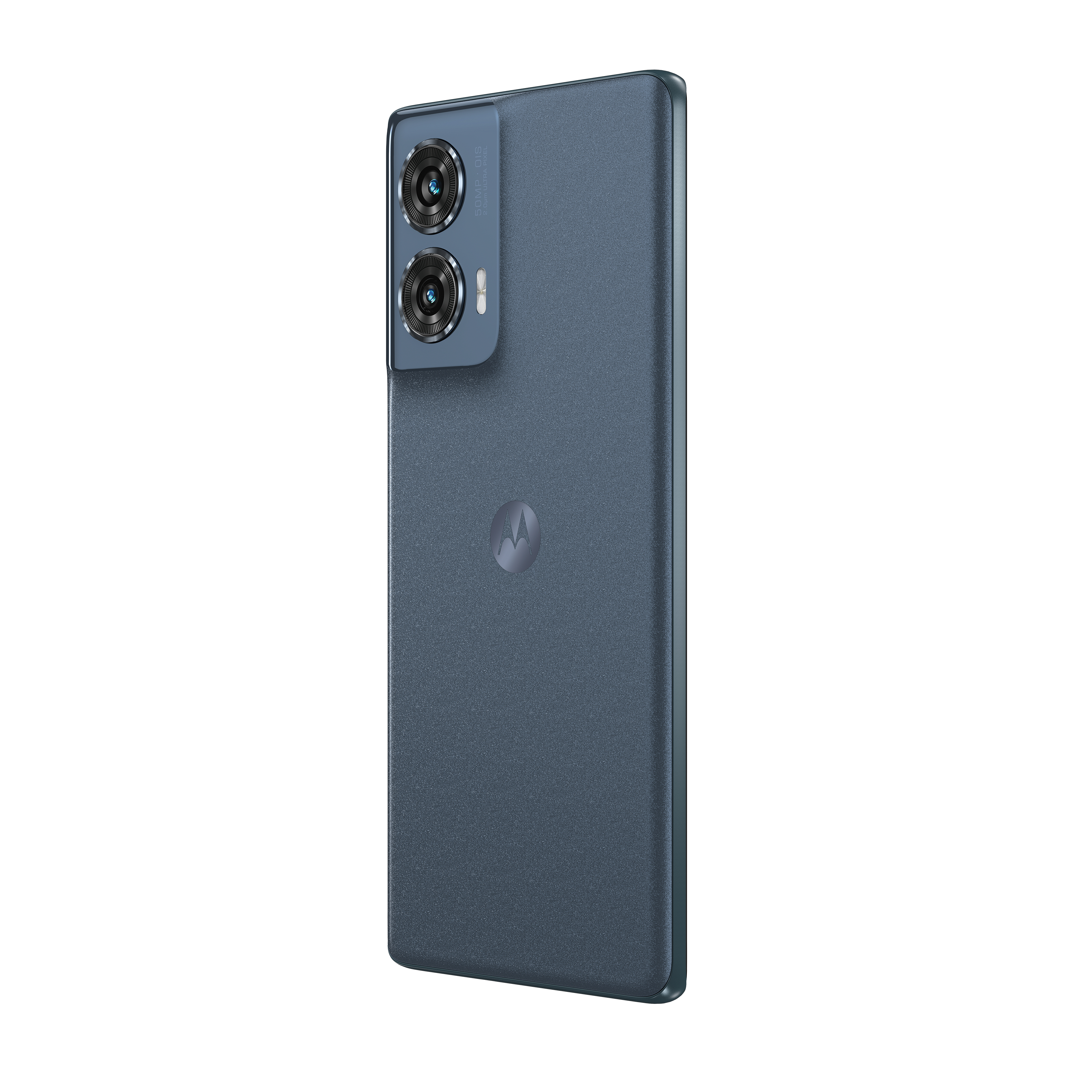 Blaue Smartphone-Rückansicht mit zwei Kameras und dem Motorola-Logo. Weißer Hintergrund.