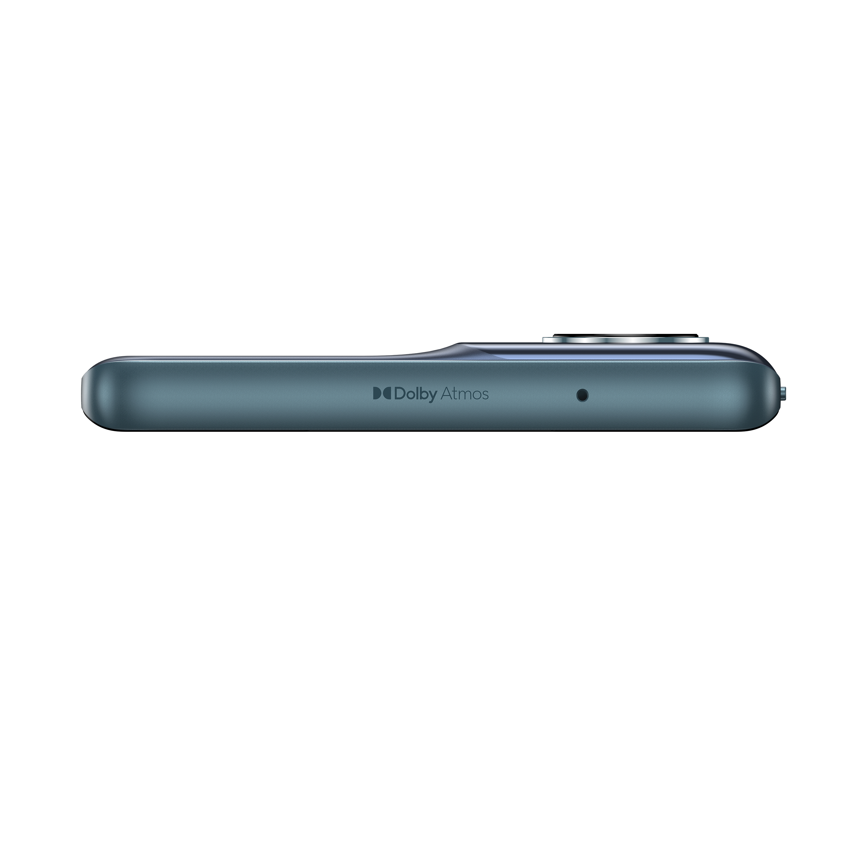 Nahaufnahme der Unterseite eines blauen Telefons mit Dolby Atmos-Markenzeichen.