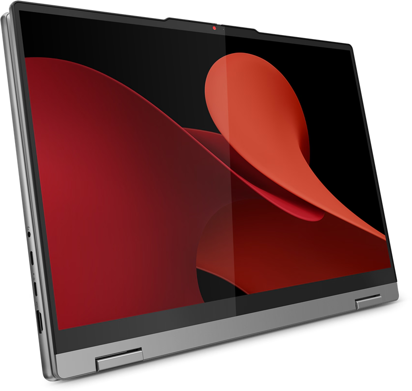 Laptop mit rotem, abstraktem Design auf dem Bildschirm, angewinkelt geöffnet. Schwarzer Hintergrund.