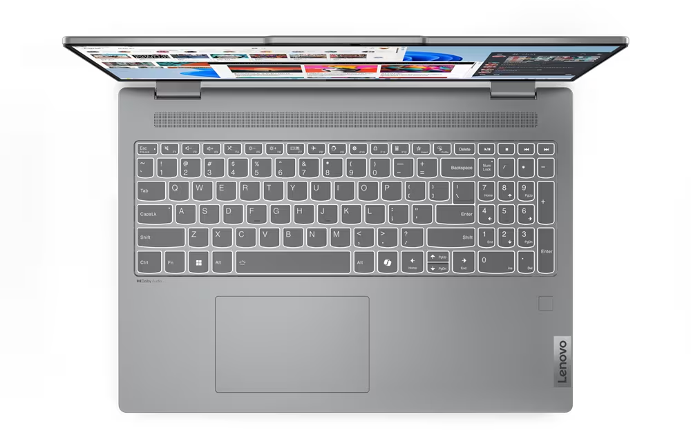 Laptop von oben, geöffnet, Tastatur sichtbar, Touchpad, Bildschirm zeigt Inhalt, graue Farbe.