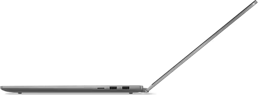 Die Seitenansicht eines silbernen Laptops vor schwarzem Hintergrund, leicht geöffnet.