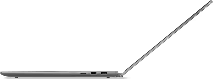 Seitenansicht eines Laptops, der geöffneten Bildschirm und Anschlüsse zeigt.