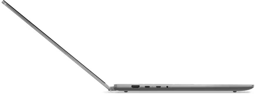 Laptop-Seitenansicht mit offenem Bildschirm. Silbernes Gehäuse, schwarzer Hintergrund.