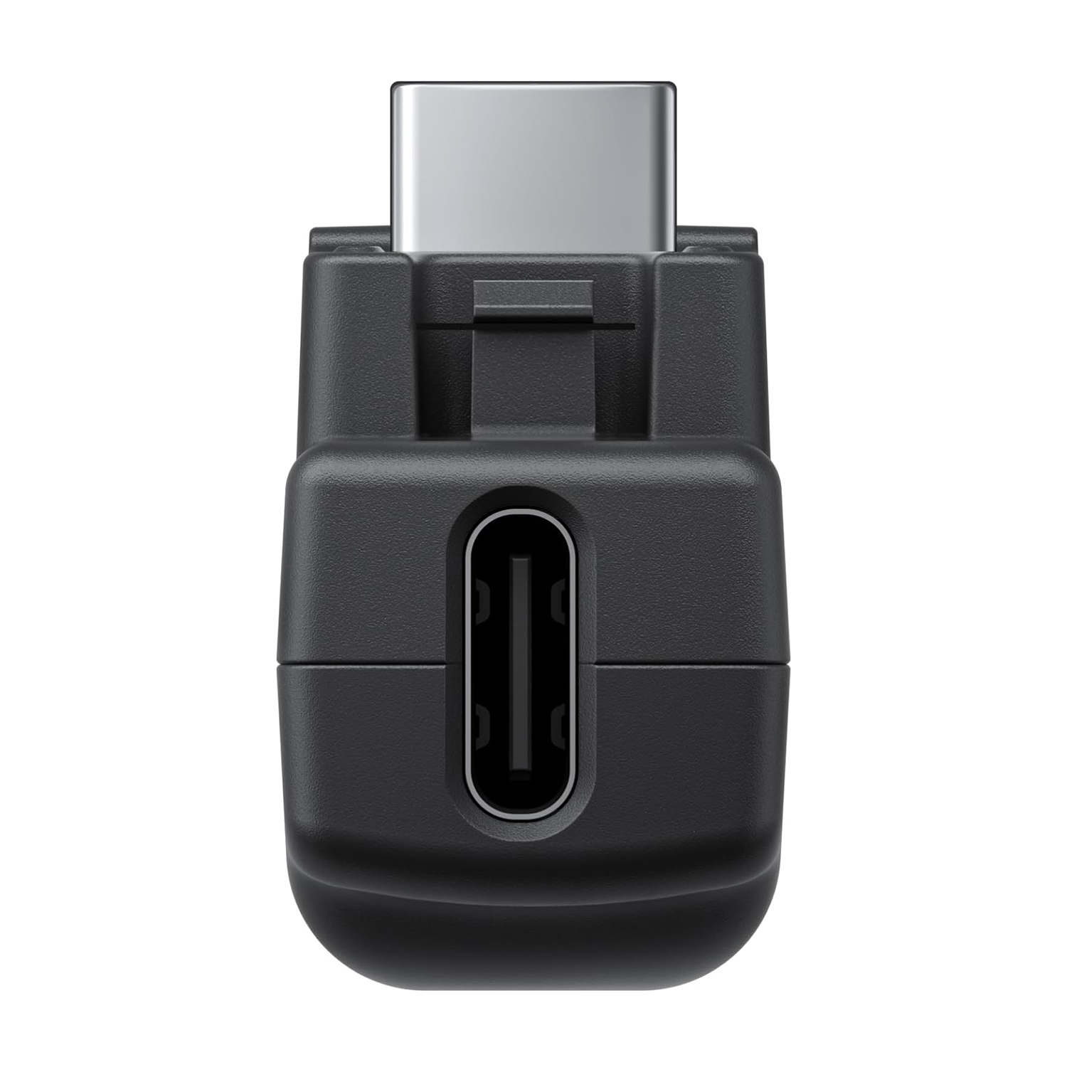 Adattatore USB-C nero con porta USB, vista dall'alto.