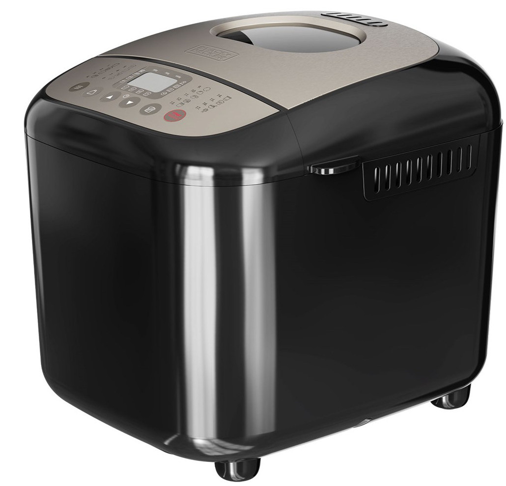 Czarna i srebrna maszyna do pieczenia chleba, widok z boku, na białym tle.