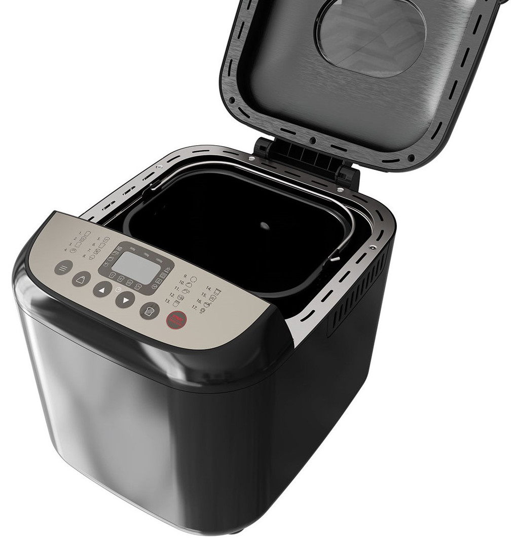 Czarna maszyna do pieczenia chleba z otwartą pokrywą na białym tle.