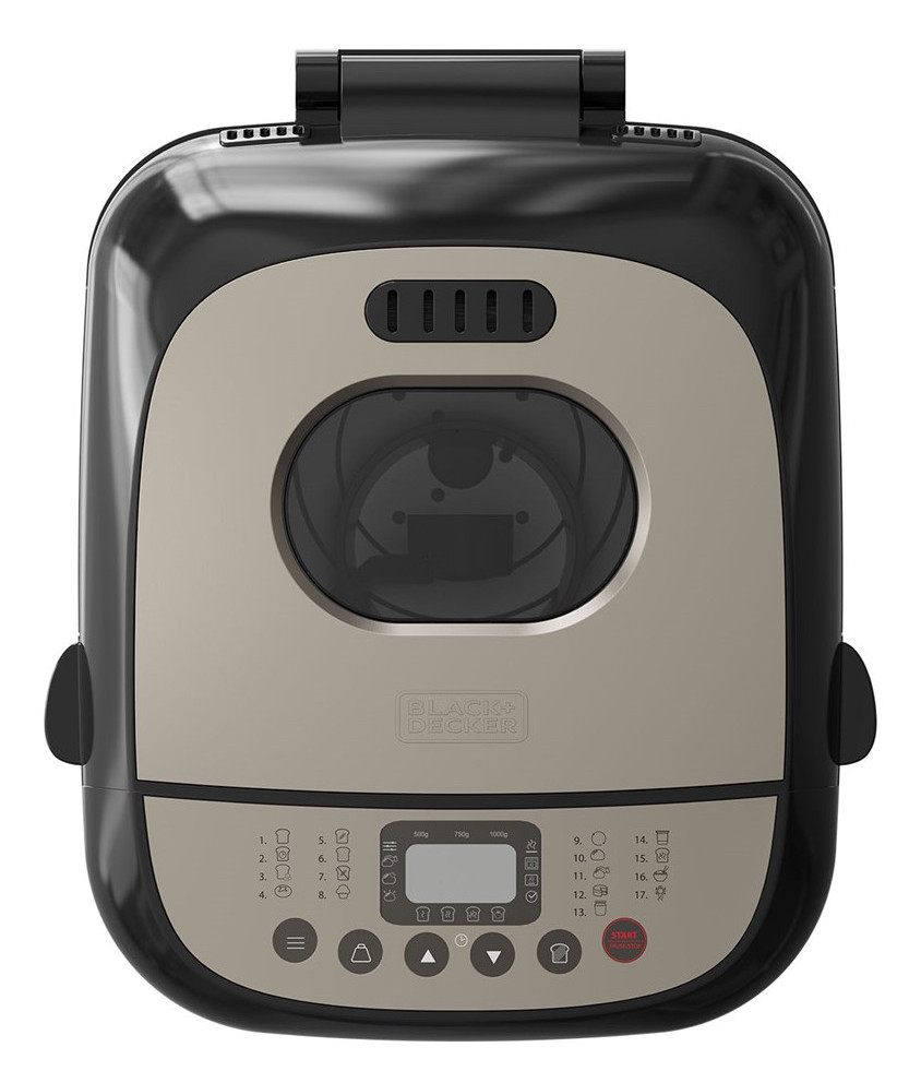 Czarno-beżowa maszyna do pieczenia chleba z wyświetlaczem i przyciskami. Widok z góry.