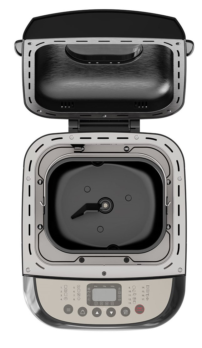 Piekarnik do chleba, widok z góry, otwarty. Wewnątrz: patelnia z mieszadłem.