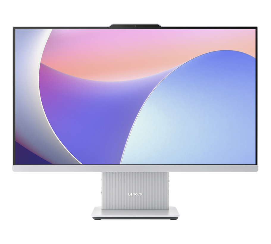 Monitor per computer Lenovo. Il display mostra un design astratto colorato. Supporto bianco e una webcam in alto.